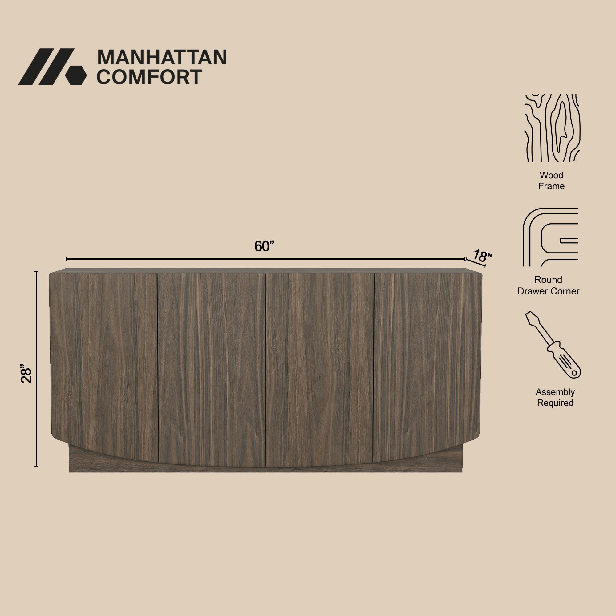 Manhattan Comfort Ardea Sideboard, Walnut, large