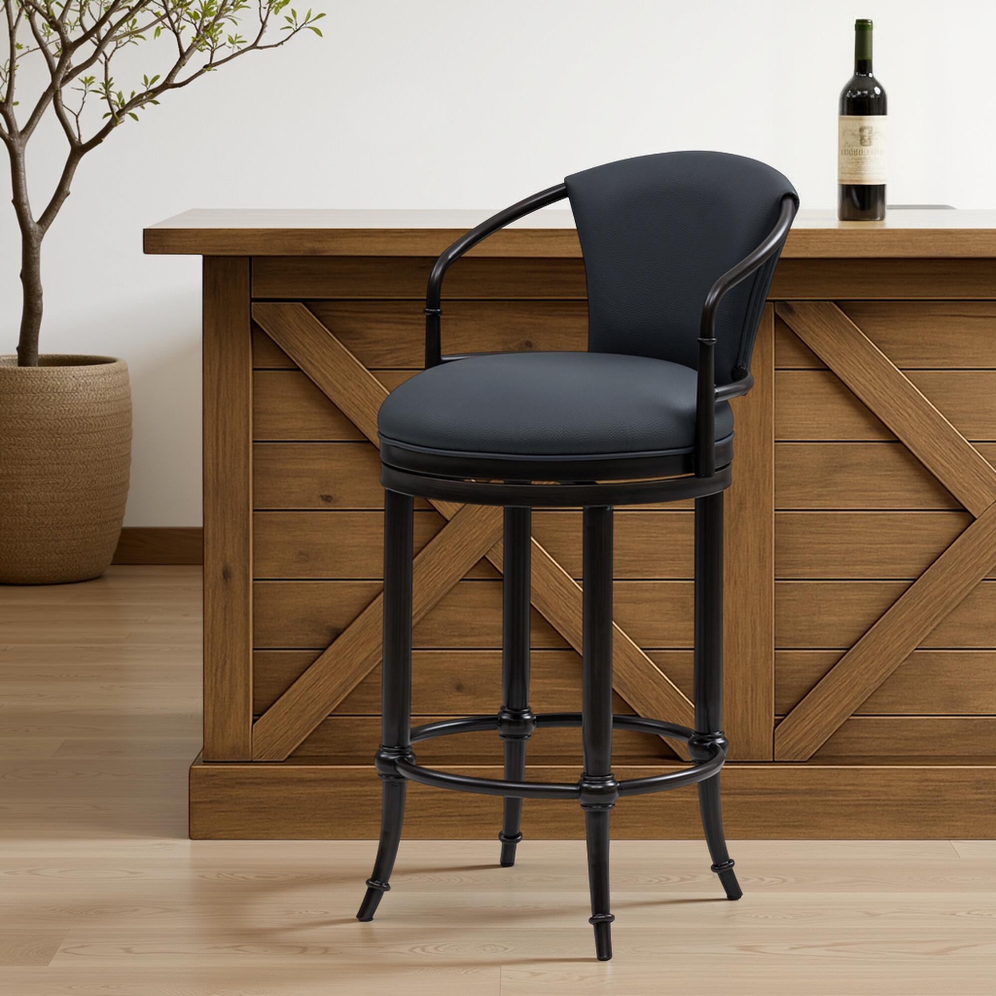 Armen Living OTIS Swivel Bar Height Barstool, Navy Blue/Black, rollover