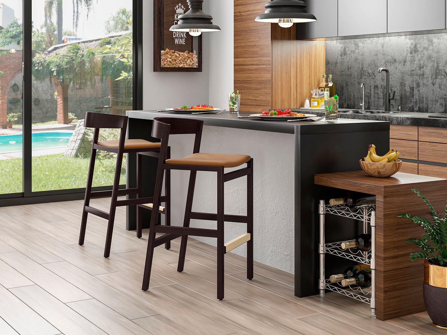 Manhattan Comfort Klismos Bar Height Barstool (Set of 2), Camel/Dark Walnut, rollover