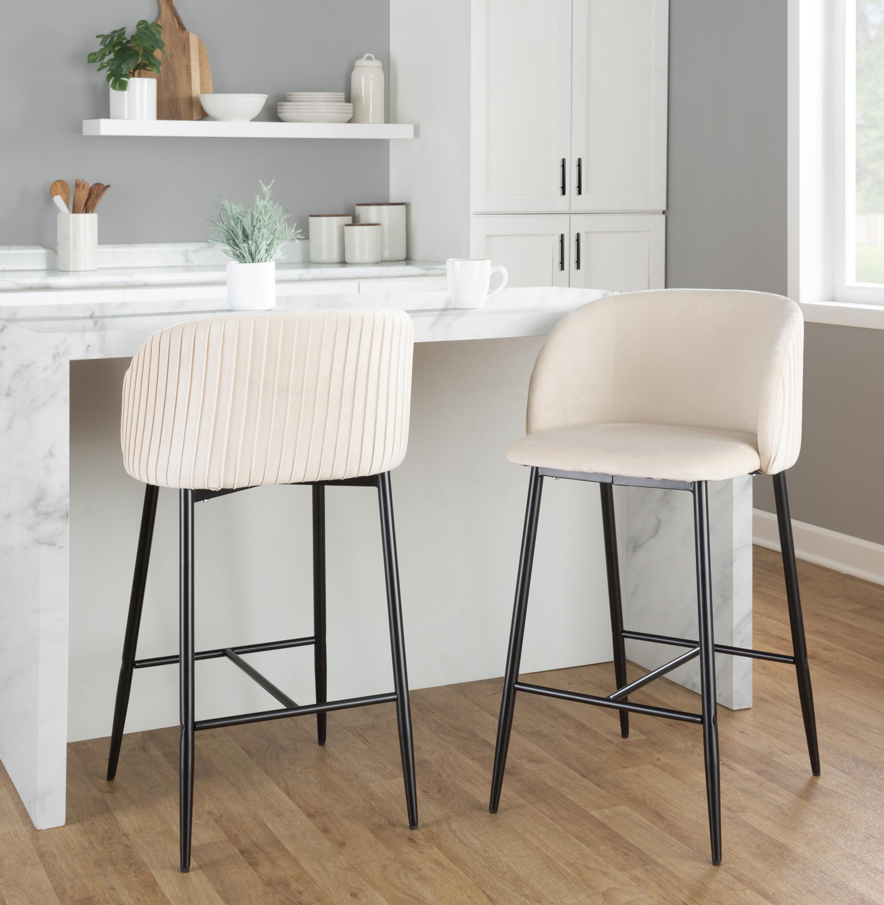 LumiSource Fran Pleated Counter Stool (Set of 2), White/Black, large