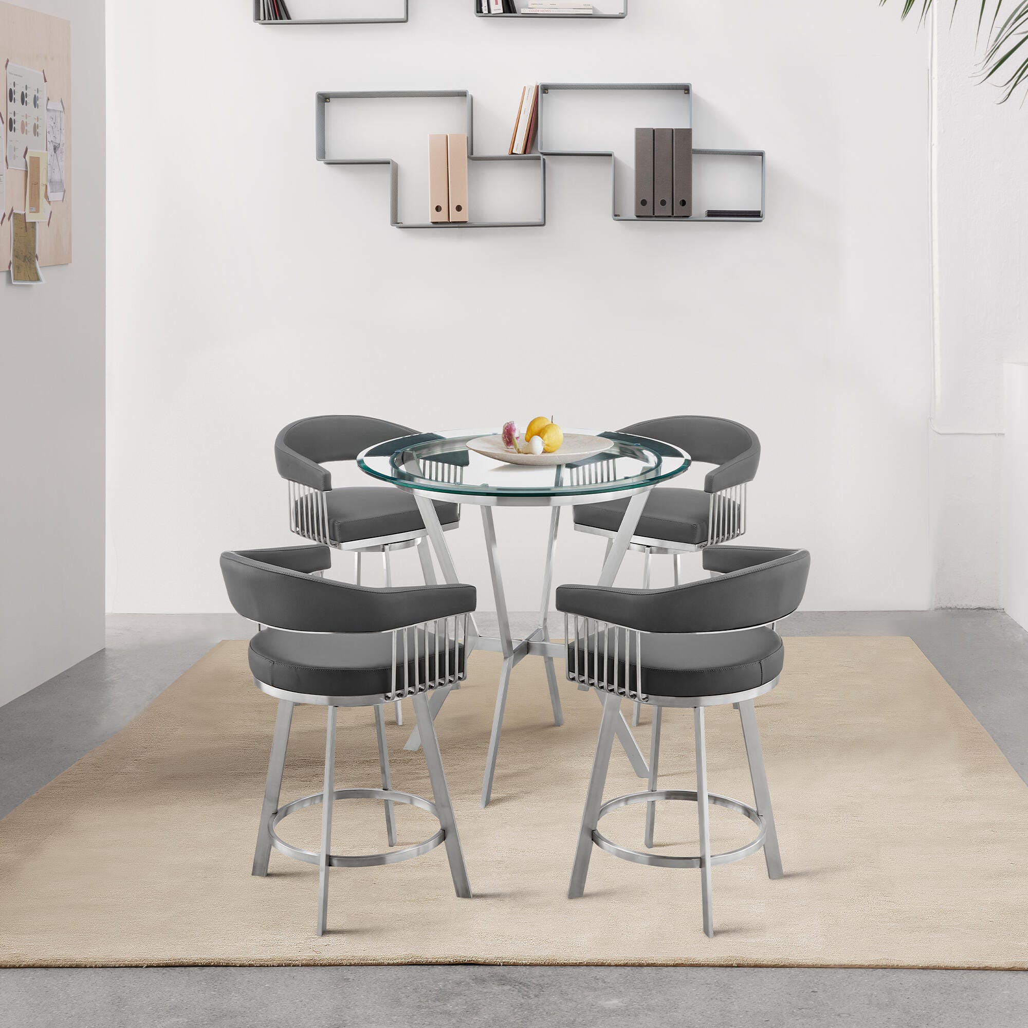 Naomi and Chelsea Counter Height Dining Table and 4 Barstools Set, Gray/Stainless, rollover
