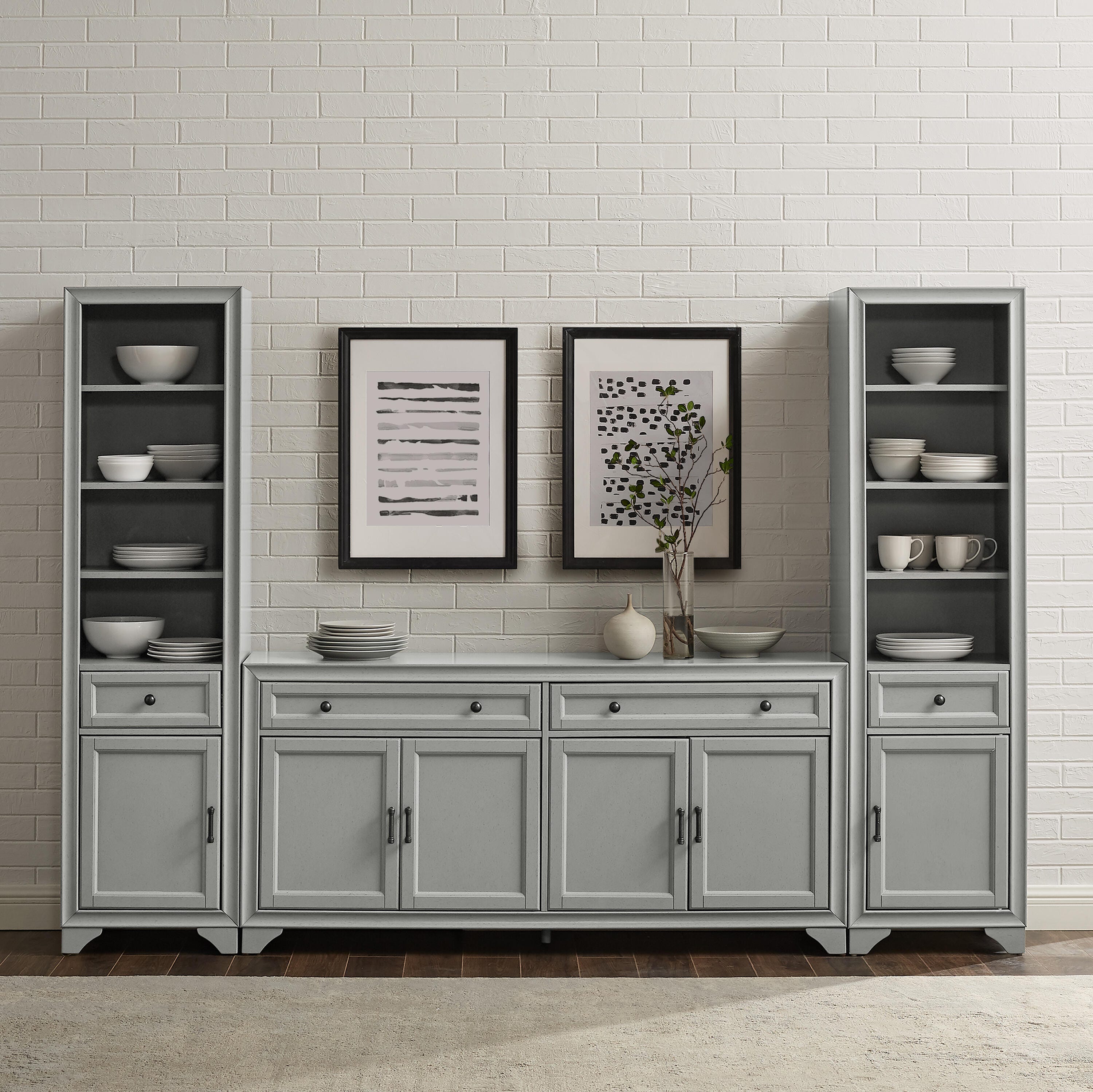 Crosley Furniture Tara Sideboard And Bookcase Set, Distressed Gray, large