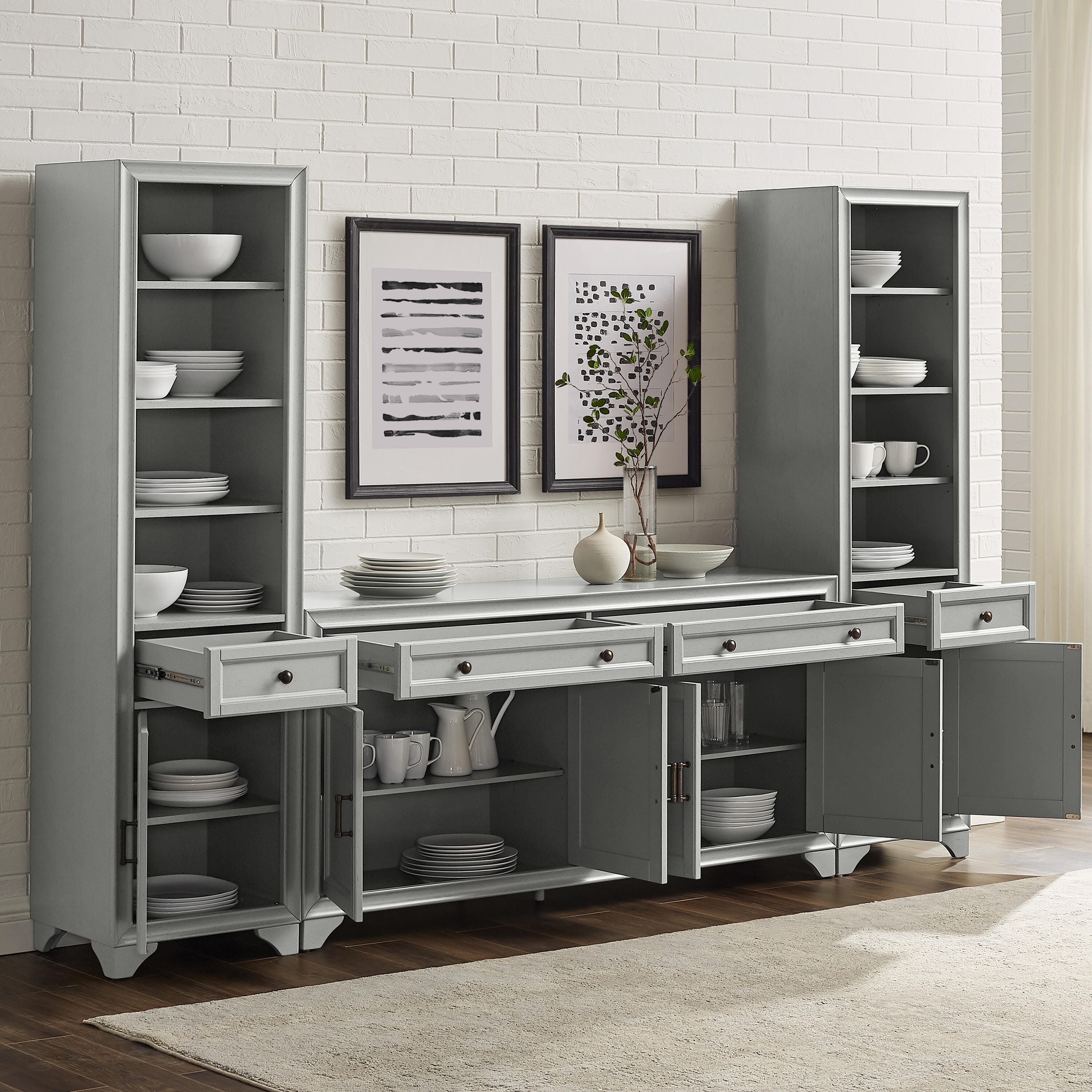 Crosley Furniture Tara Sideboard And Bookcase Set, Distressed Gray, large