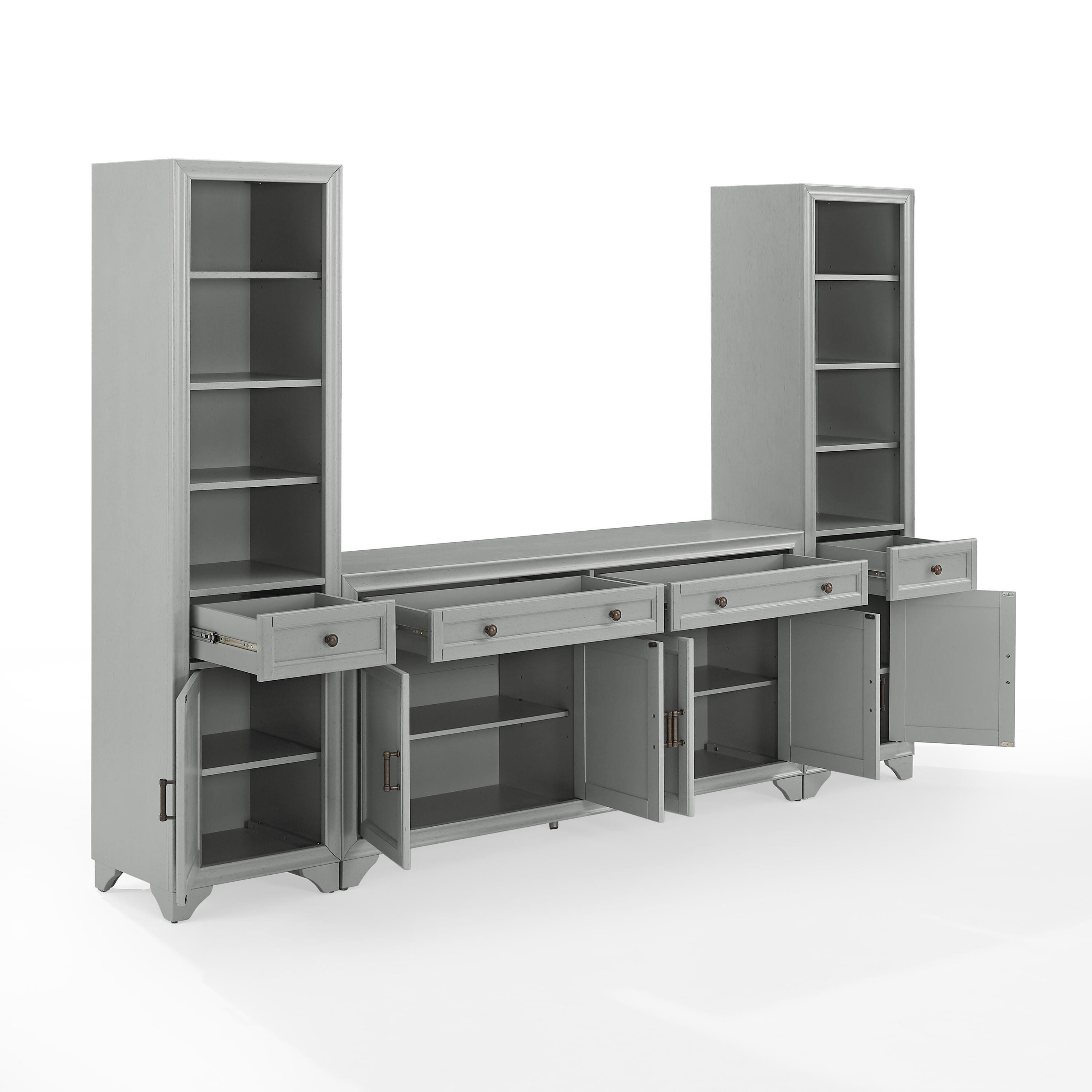 Crosley Furniture Tara Sideboard And Bookcase Set, Distressed Gray, large