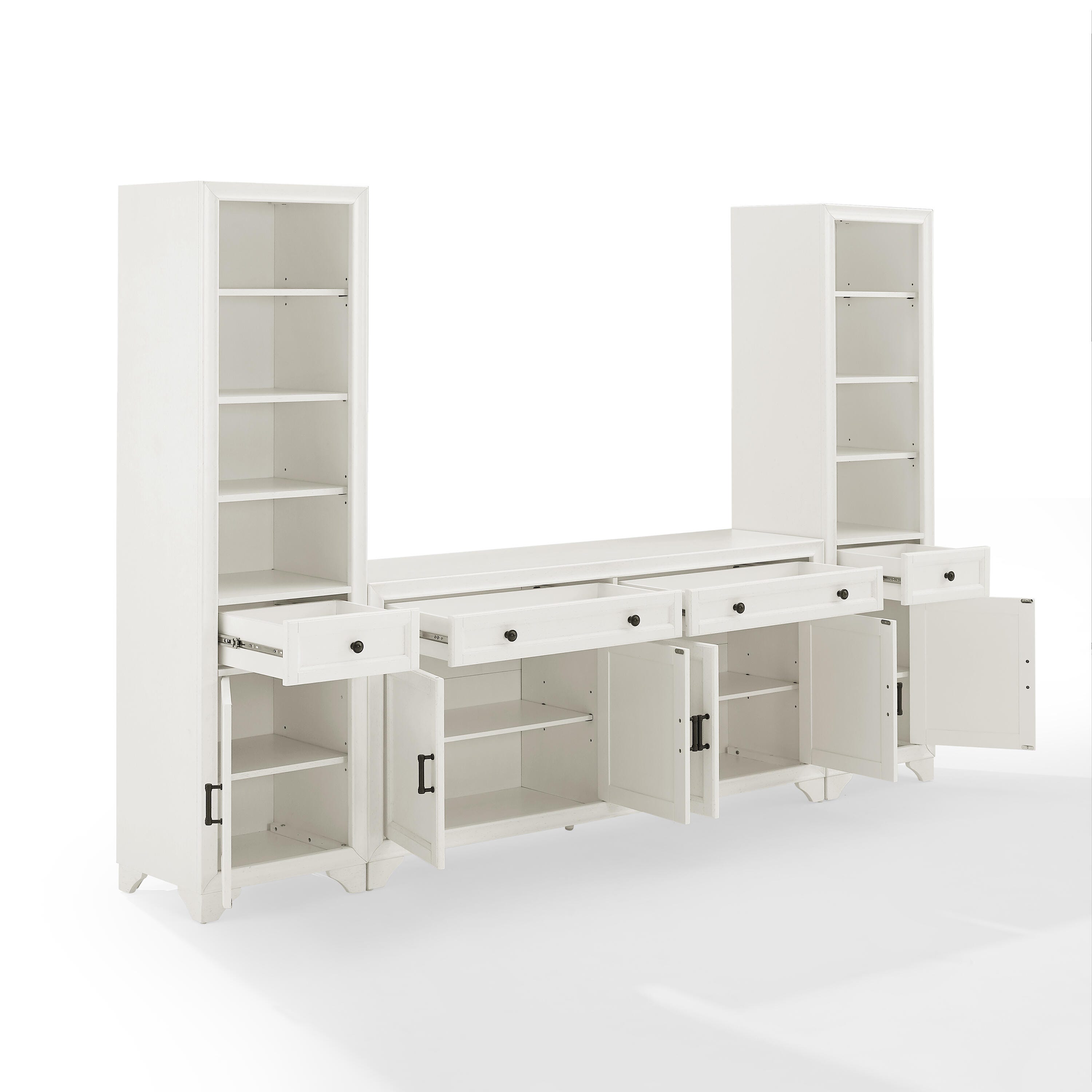 Crosley Furniture Tara Sideboard And Bookcase Set, Distressed White, large