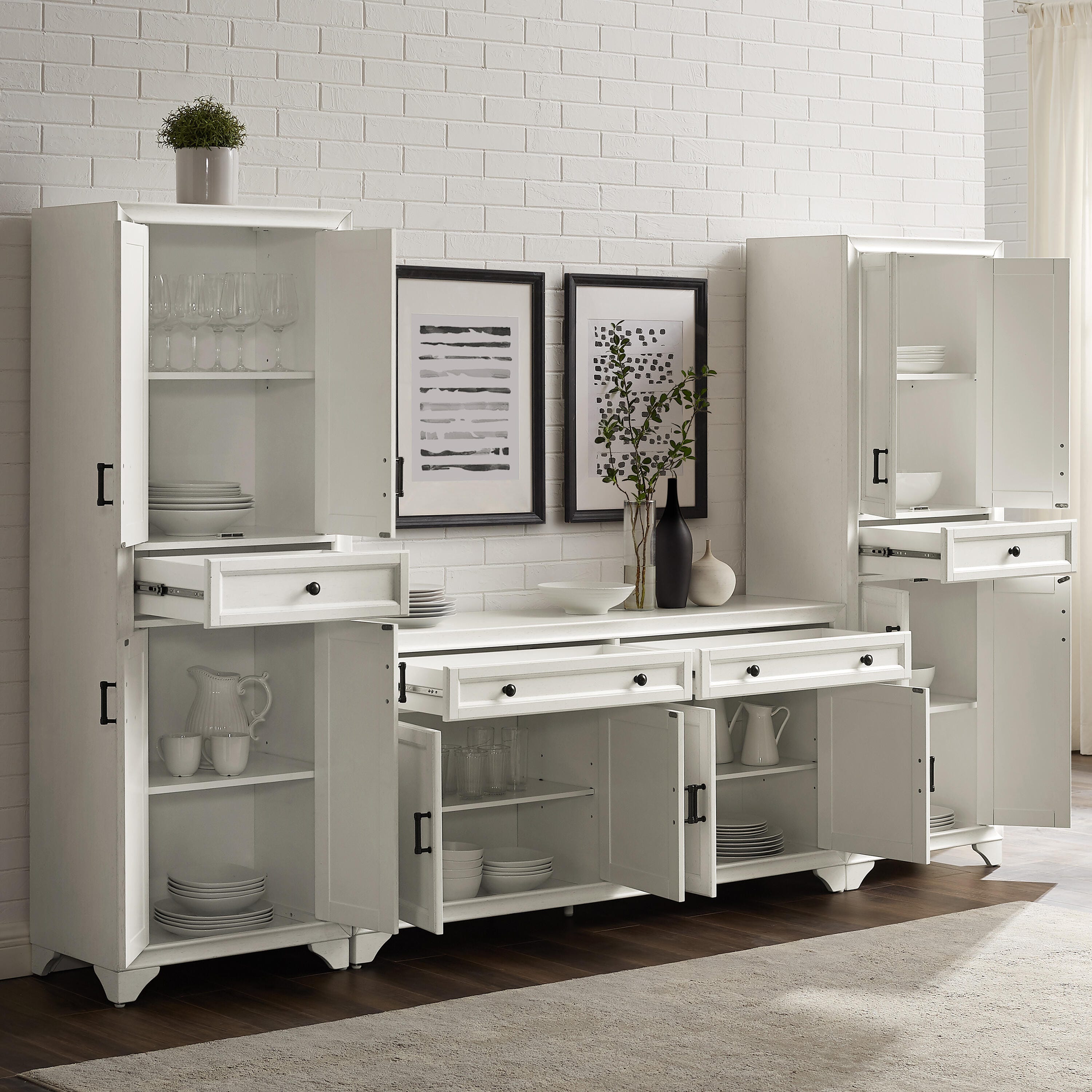 Crosley Furniture Tara Sideboard And Pantry Set, Distressed White, large