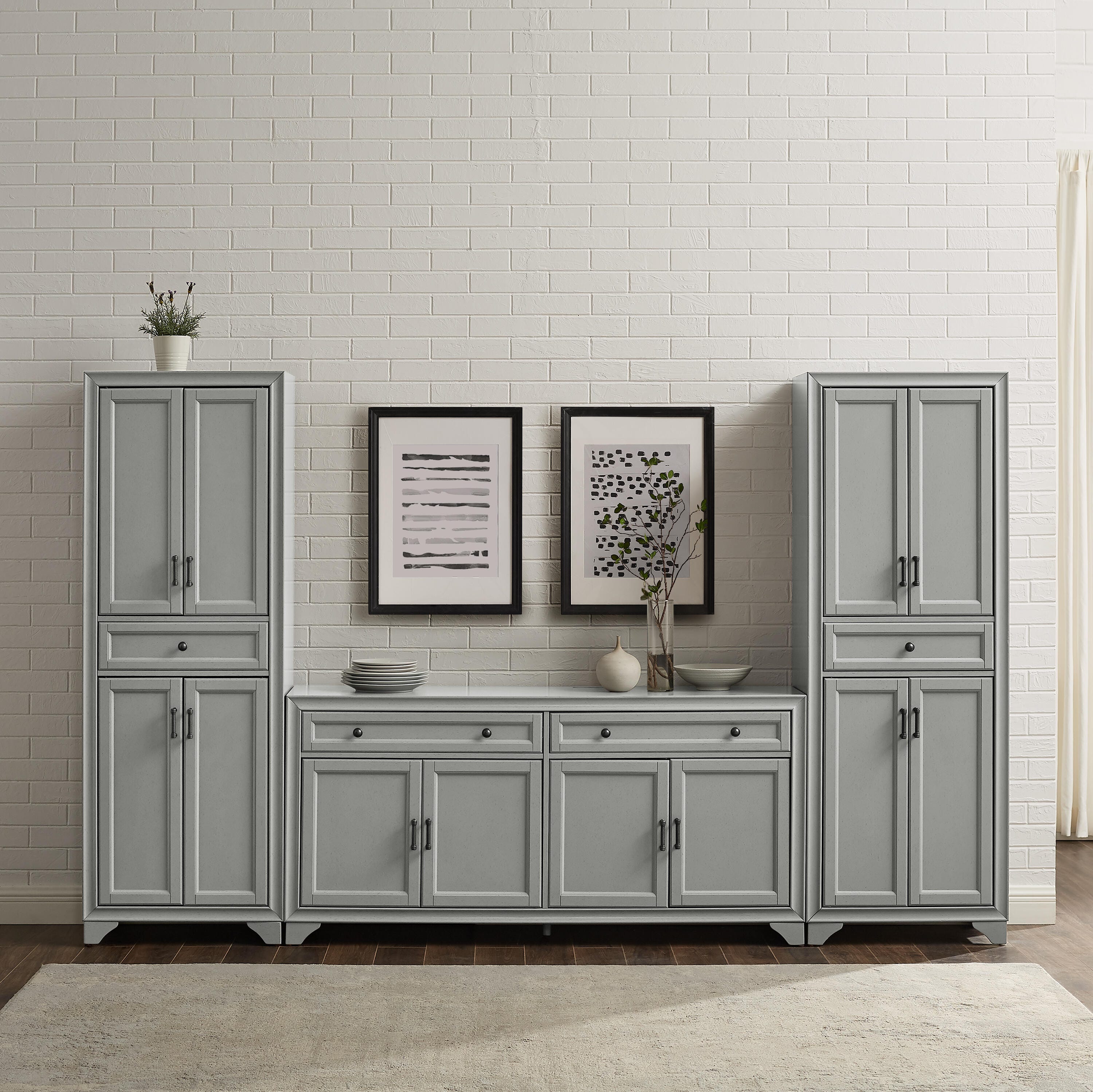 Crosley Furniture Tara Sideboard And Pantry Set, Distressed Gray, large