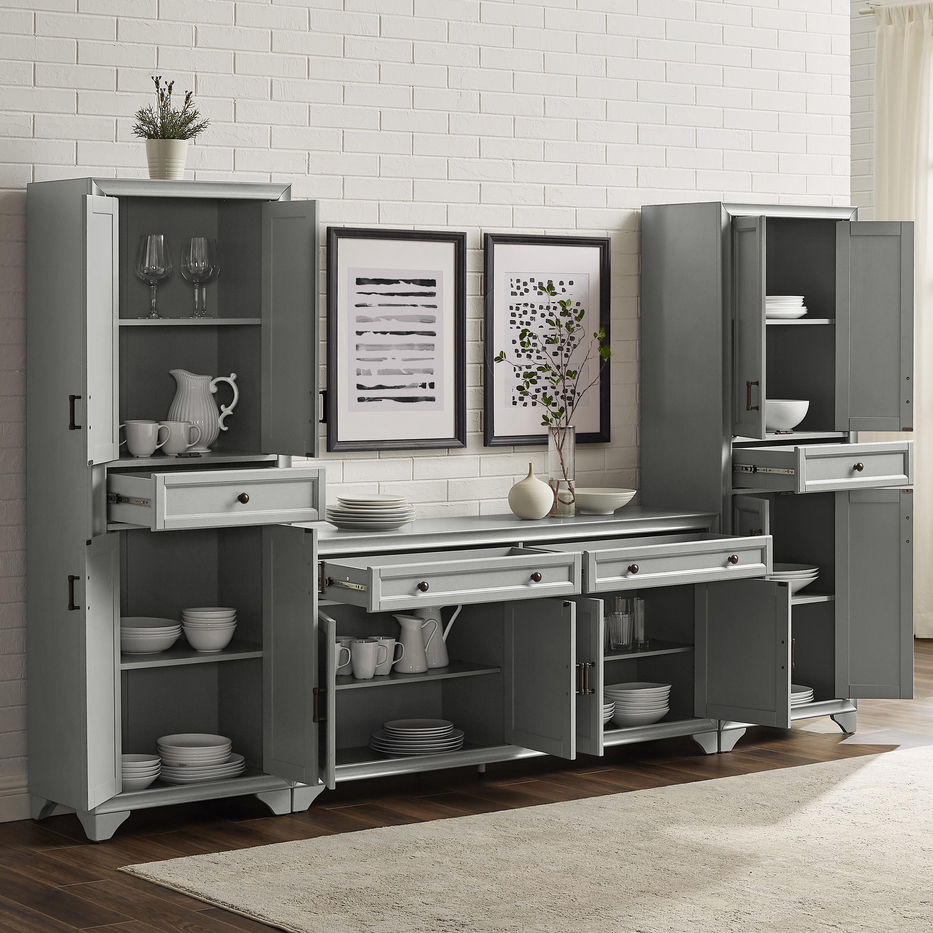 Crosley Furniture Tara Sideboard And Pantry Set, Distressed Gray, large