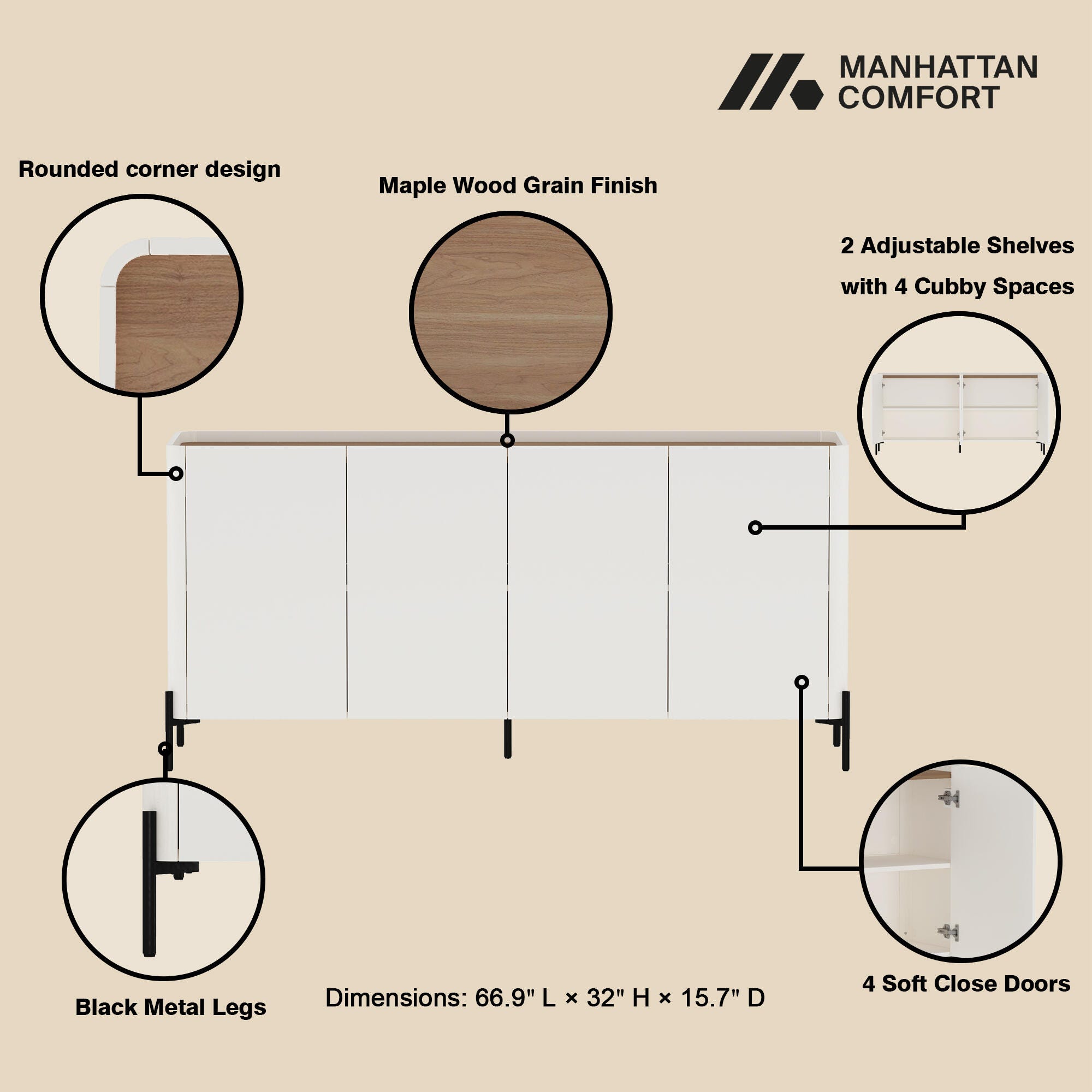 Manhattan Comfort Abbey Sideboard, Maple/Off White, large