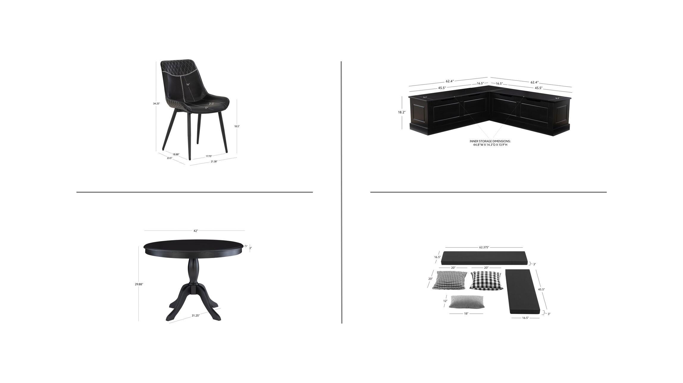 Linon Landin Dining Table with 2 Chairs and Bench, Black, large