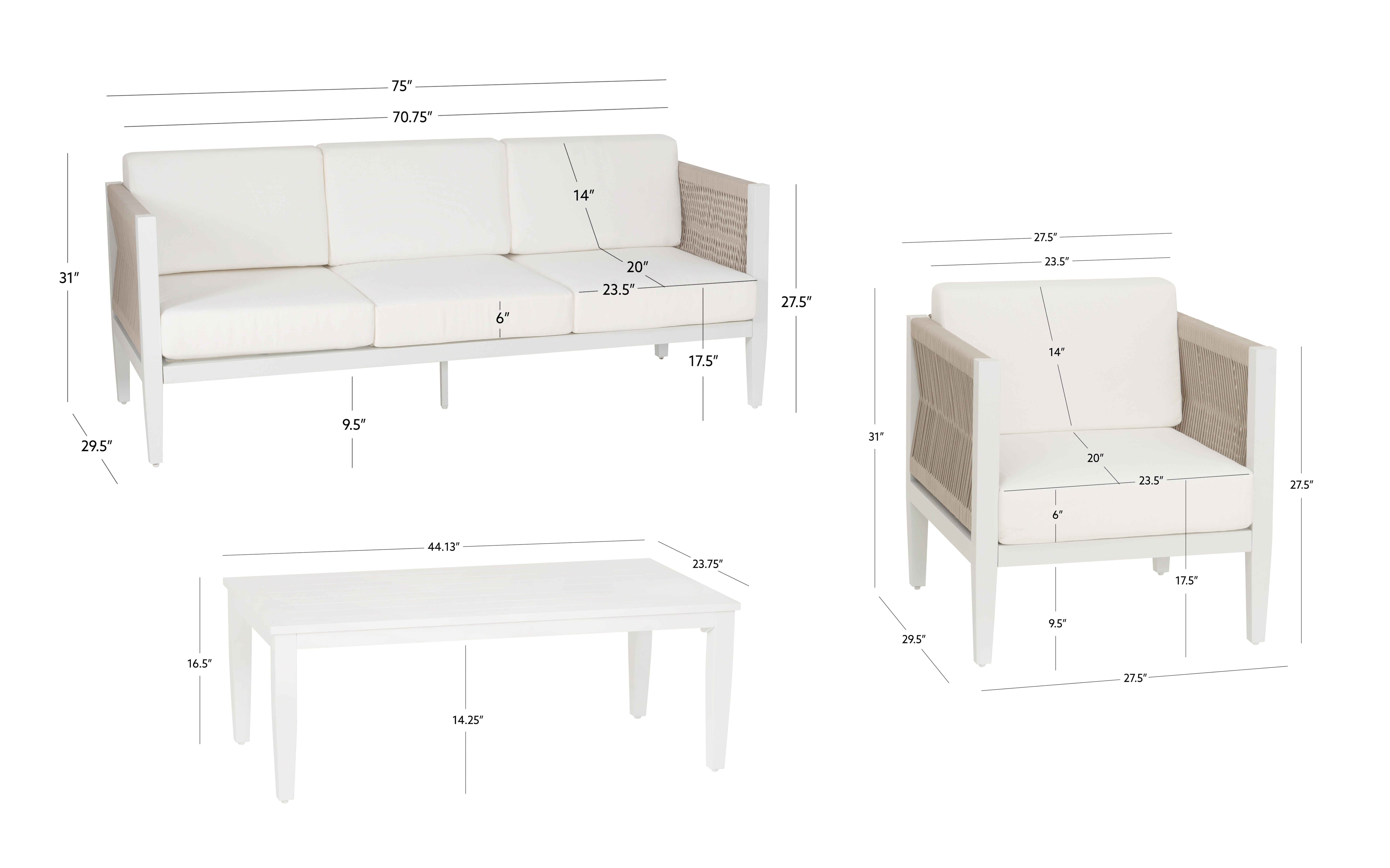 Linon Carter Outdoor Sofa with Coffee Table and 2 Armchairs, , large
