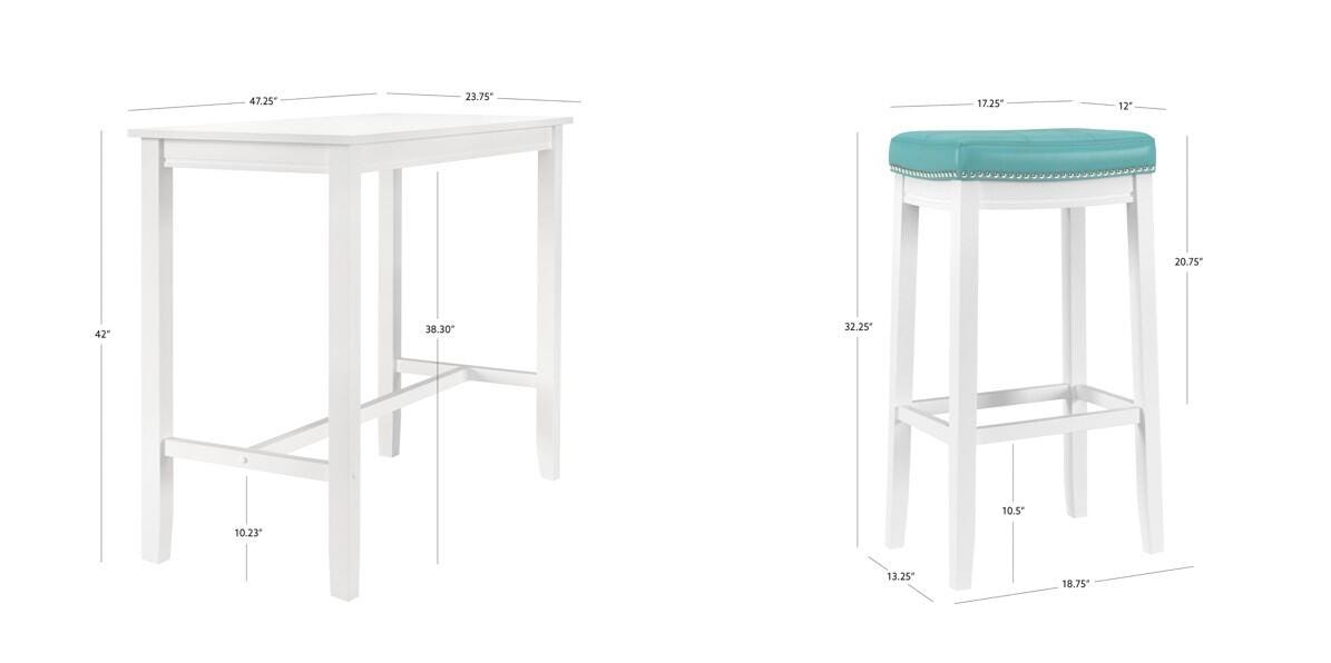 Linon Claridge Counter Height Dining Table and 2 Bar Stools, White/Teal, large