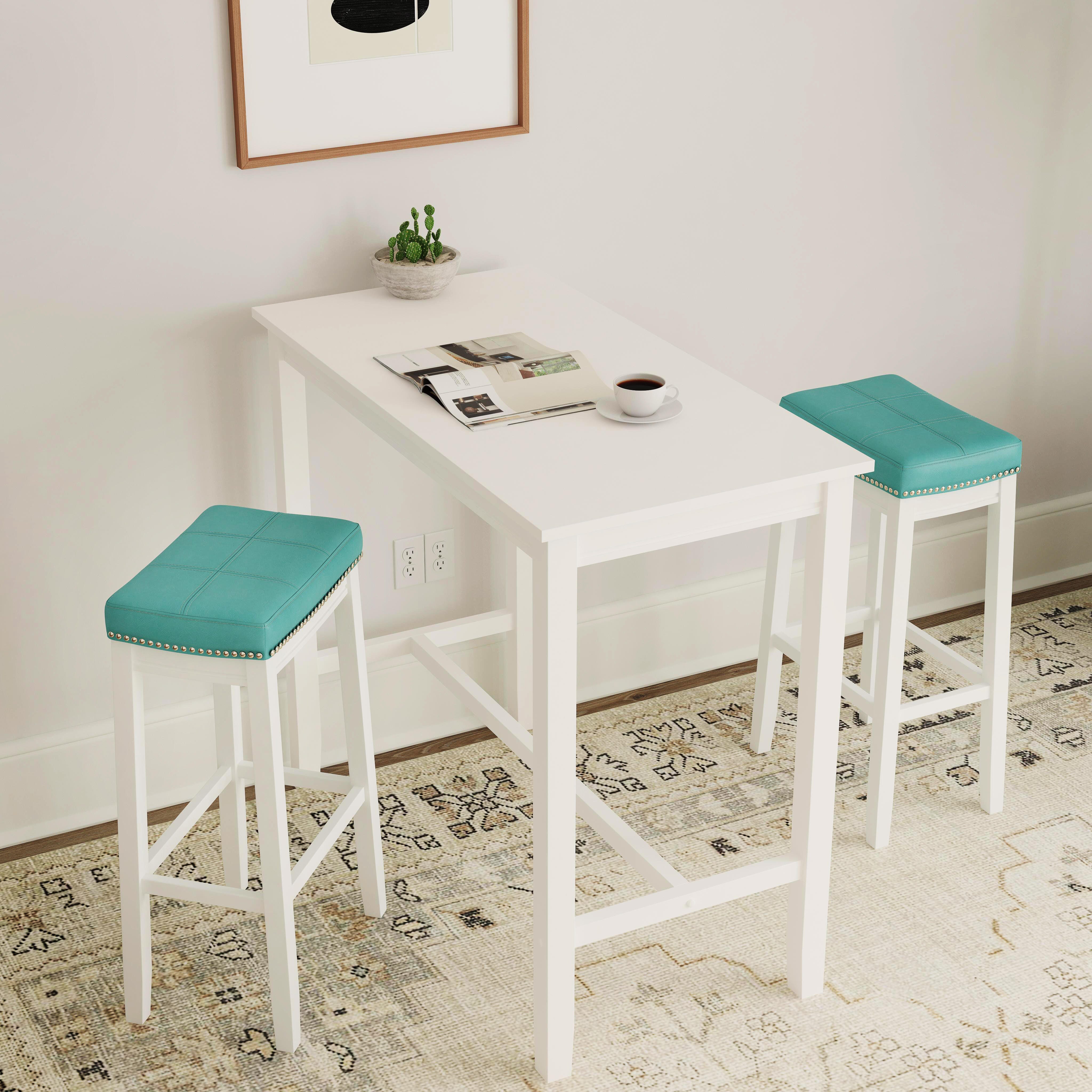 Linon Claridge Counter Height Dining Table and 2 Bar Stools, White/Teal, large