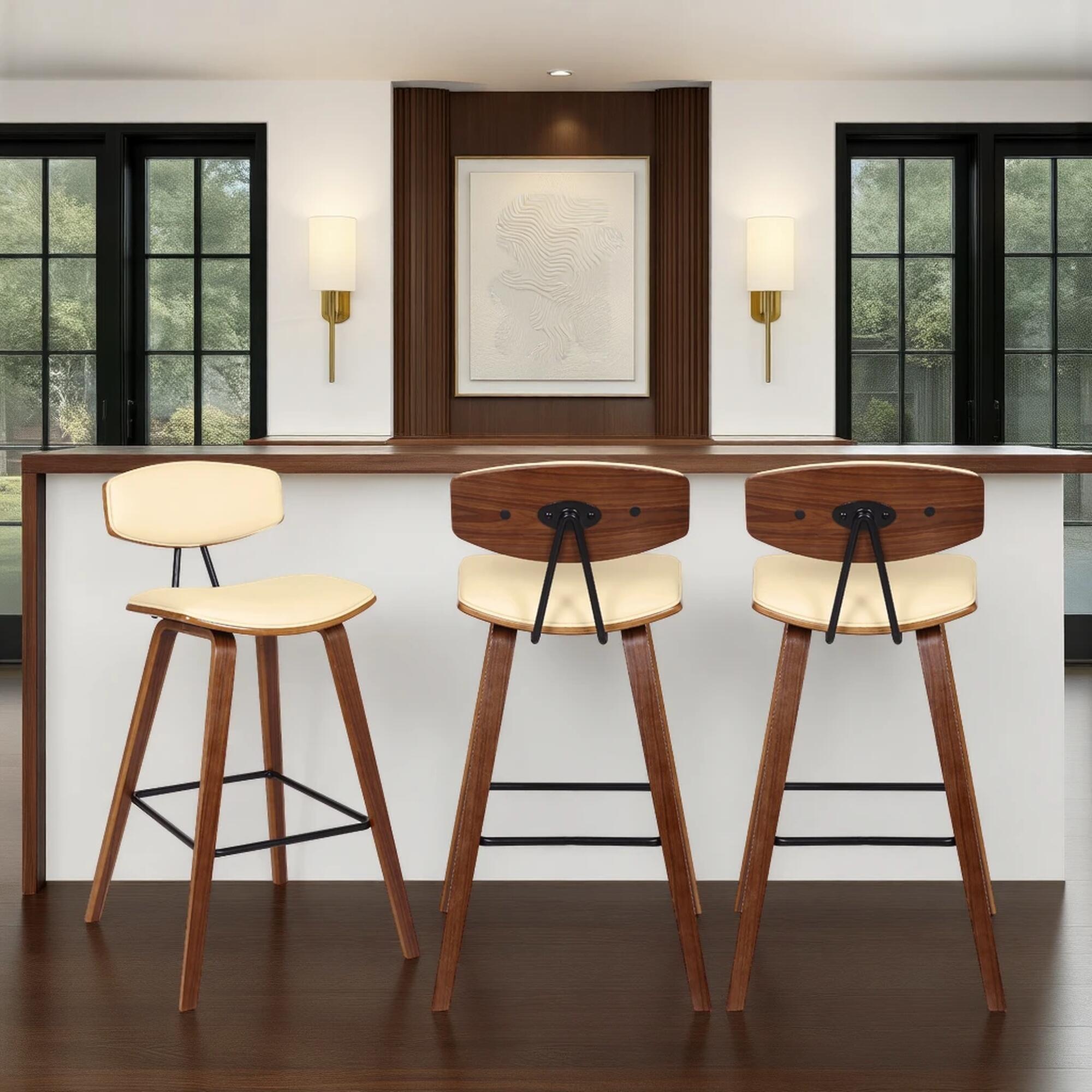 Armen Living Fox Bar Height Bar Stool (Set of 3), Cream/Brown, large