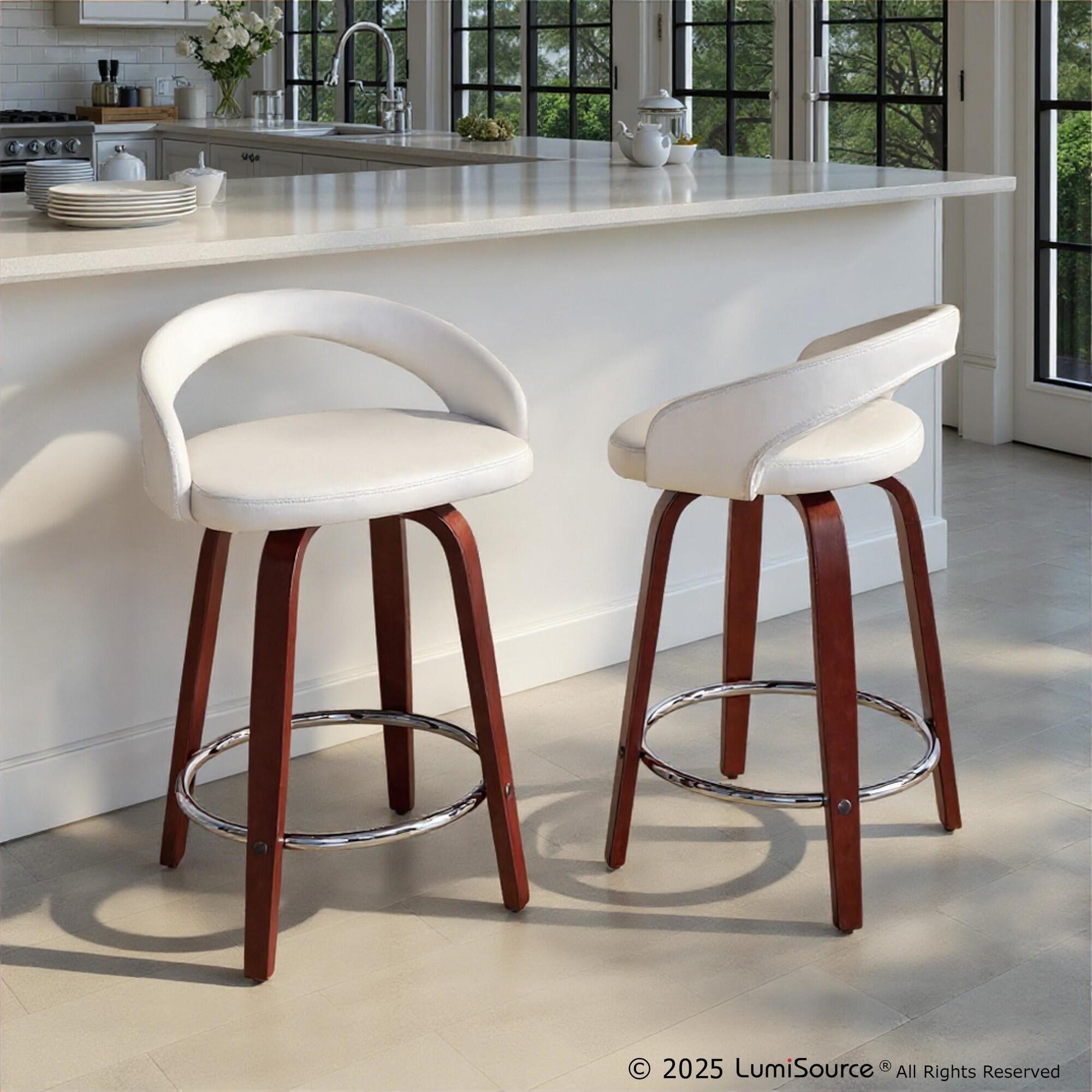 LumiSource Grotto Solid Counter Height Bar Stool (Set of 2), White/Mahogany, large