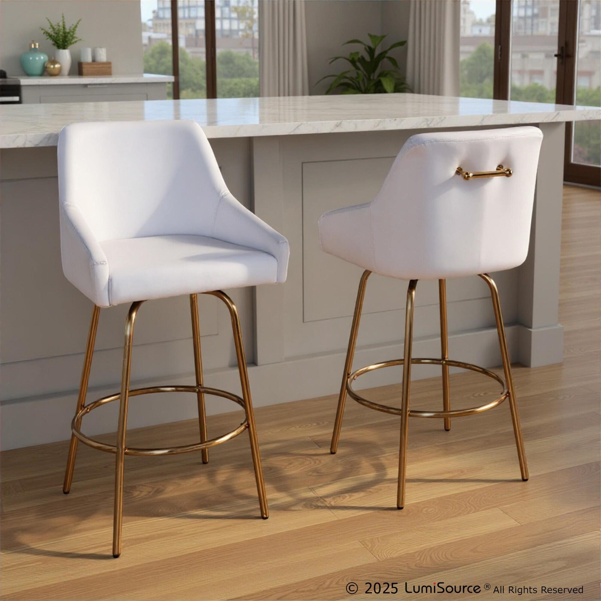 LumiSource Hannah Counter Height Bar Stool (Set of 2), White/Gold, rollover