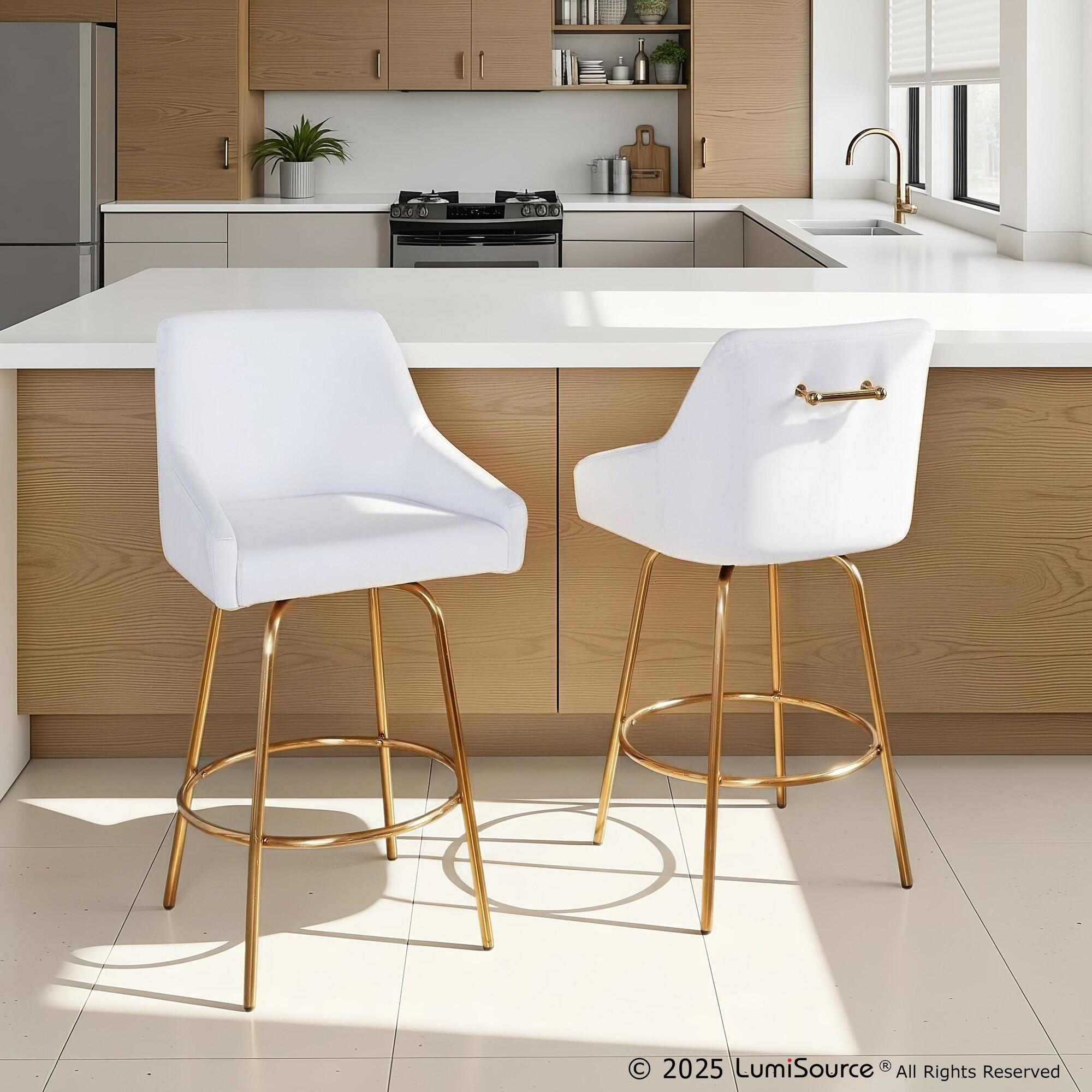 LumiSource Hannah Counter Height Bar Stool (Set of 2), White/Gold, large