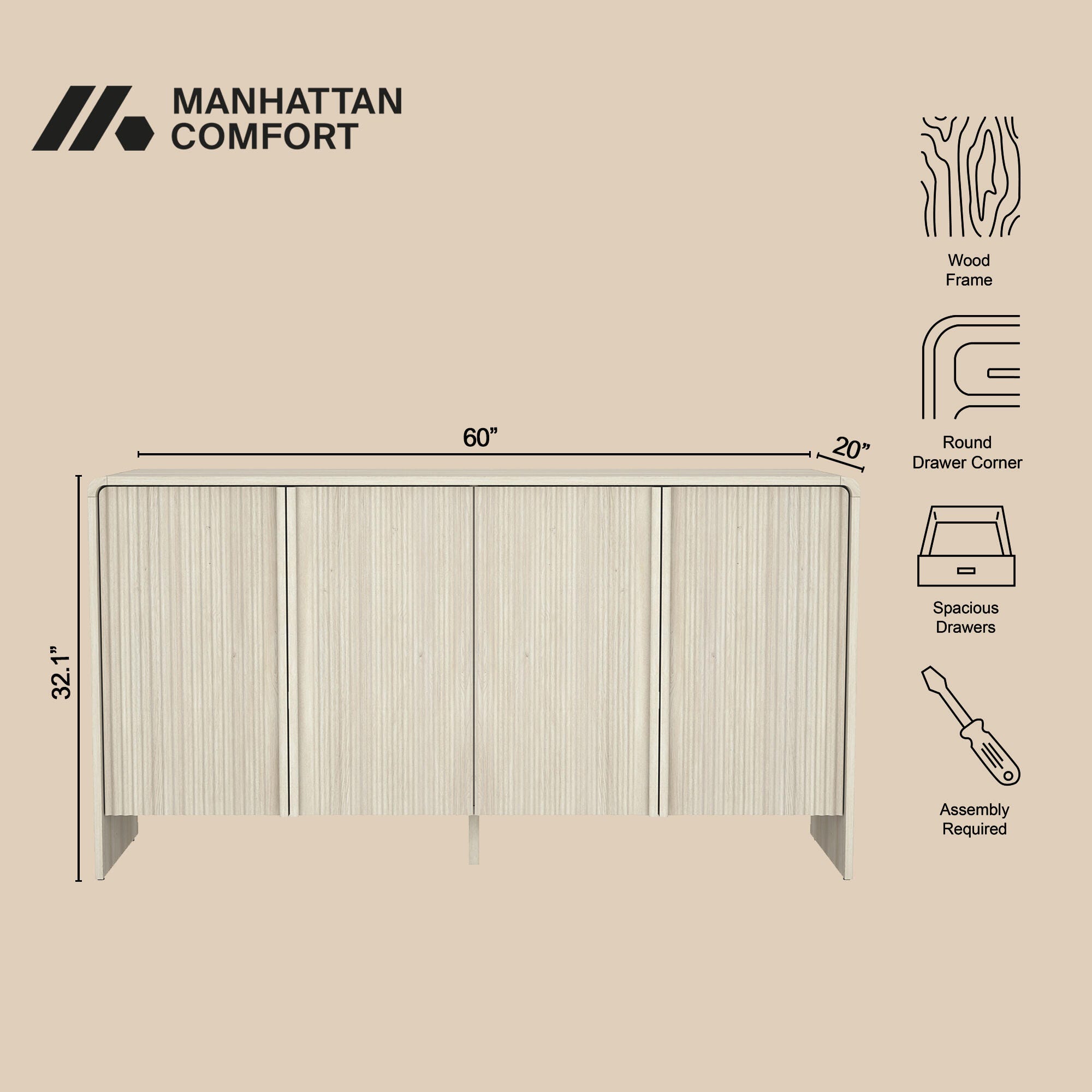 Manhattan Comfort Novara Sideboard, Whitewashed Oak, large