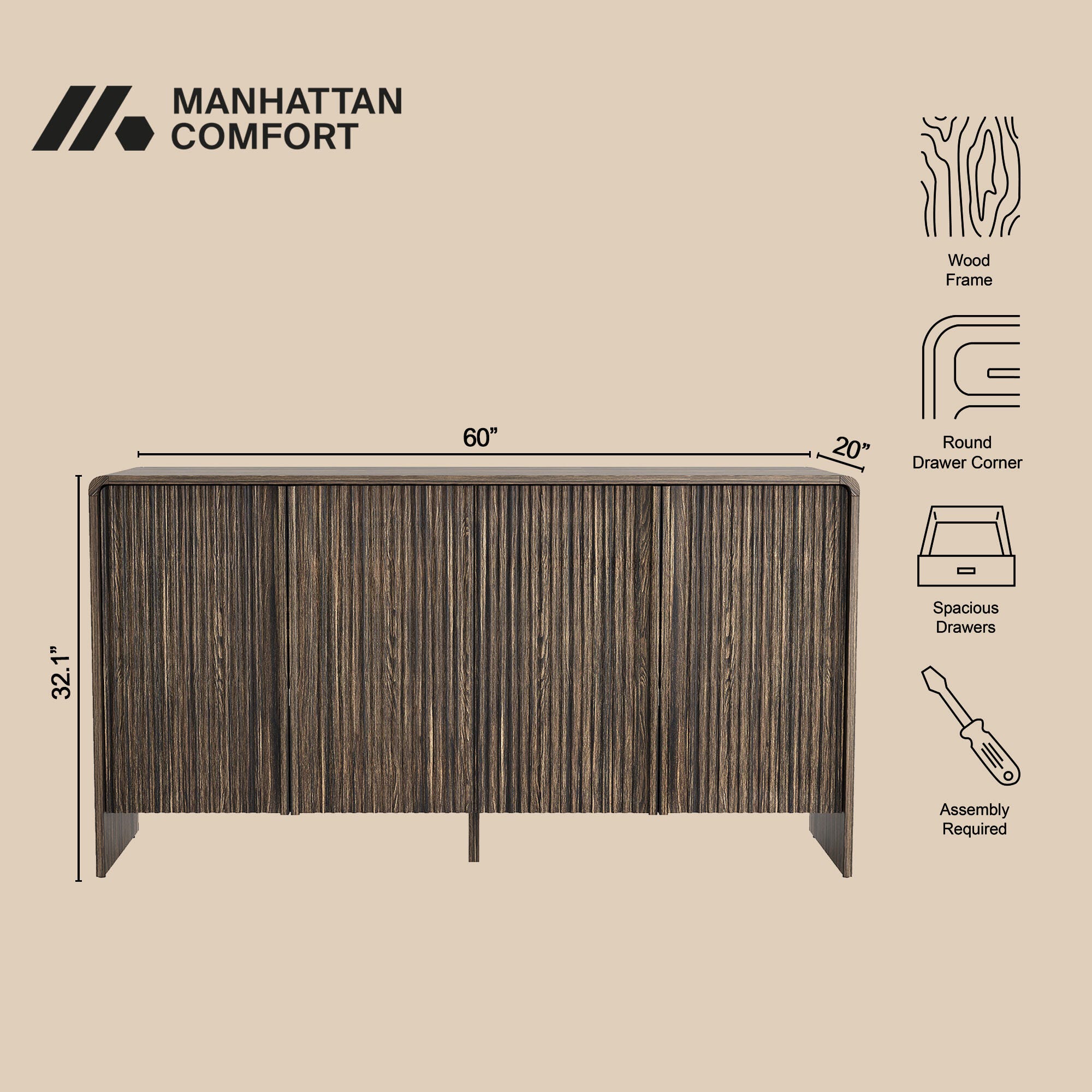 Manhattan Comfort Novara Sideboard, Jacobean Walnut, large
