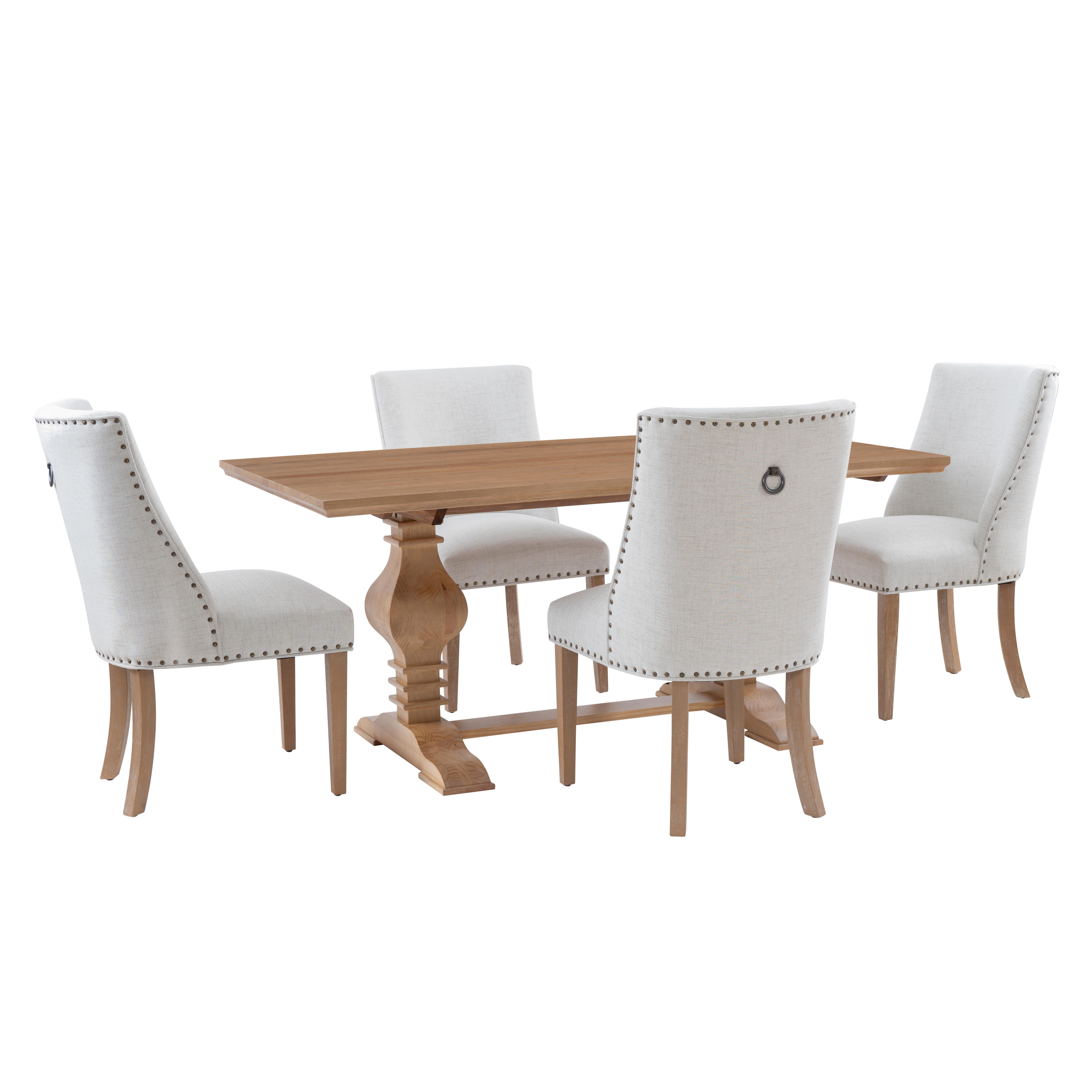 Linon Langston Pedestal Dining Table and 4 Chairs, Natural/Cream, large