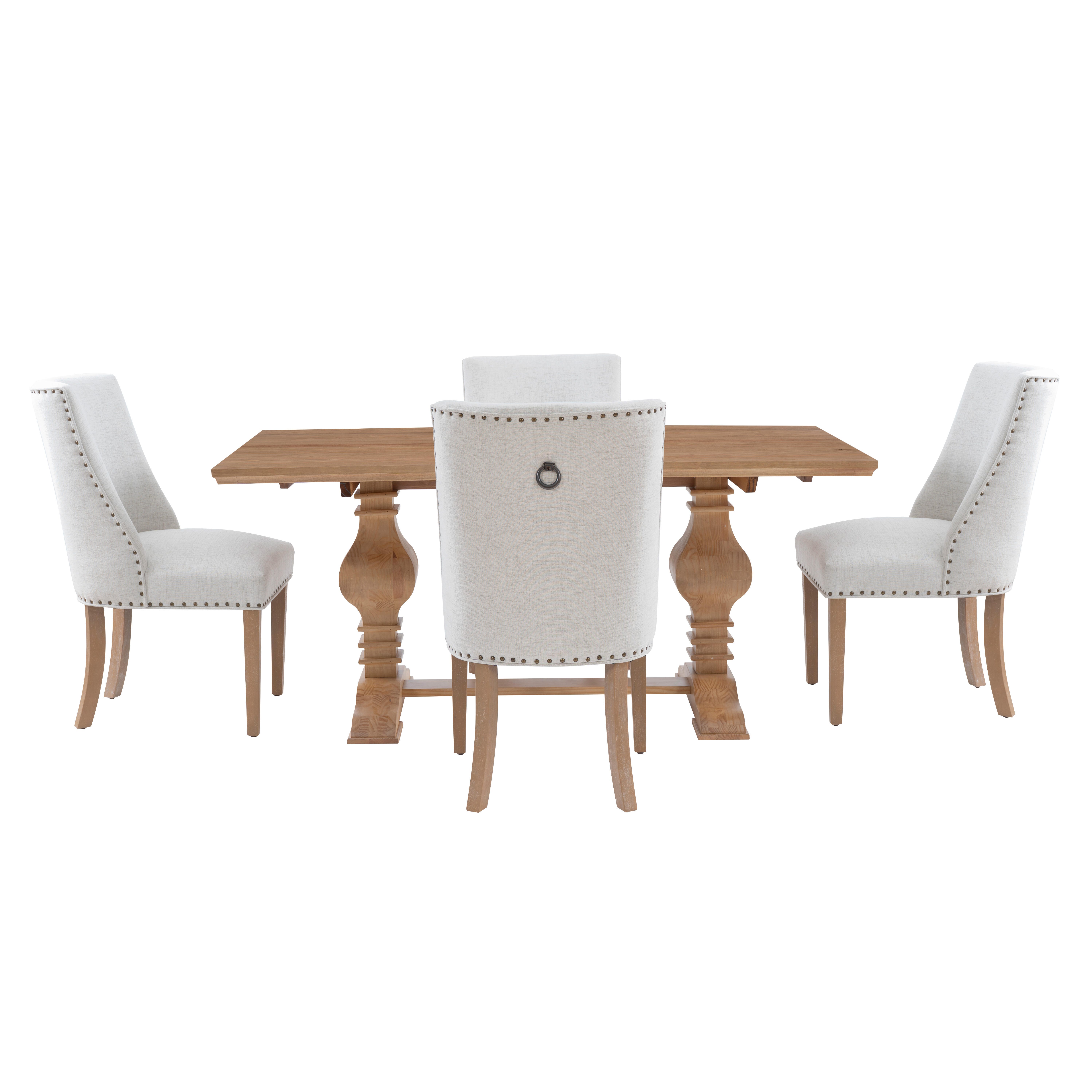 Linon Langston Pedestal Dining Table and 4 Chairs, Natural/Cream, large