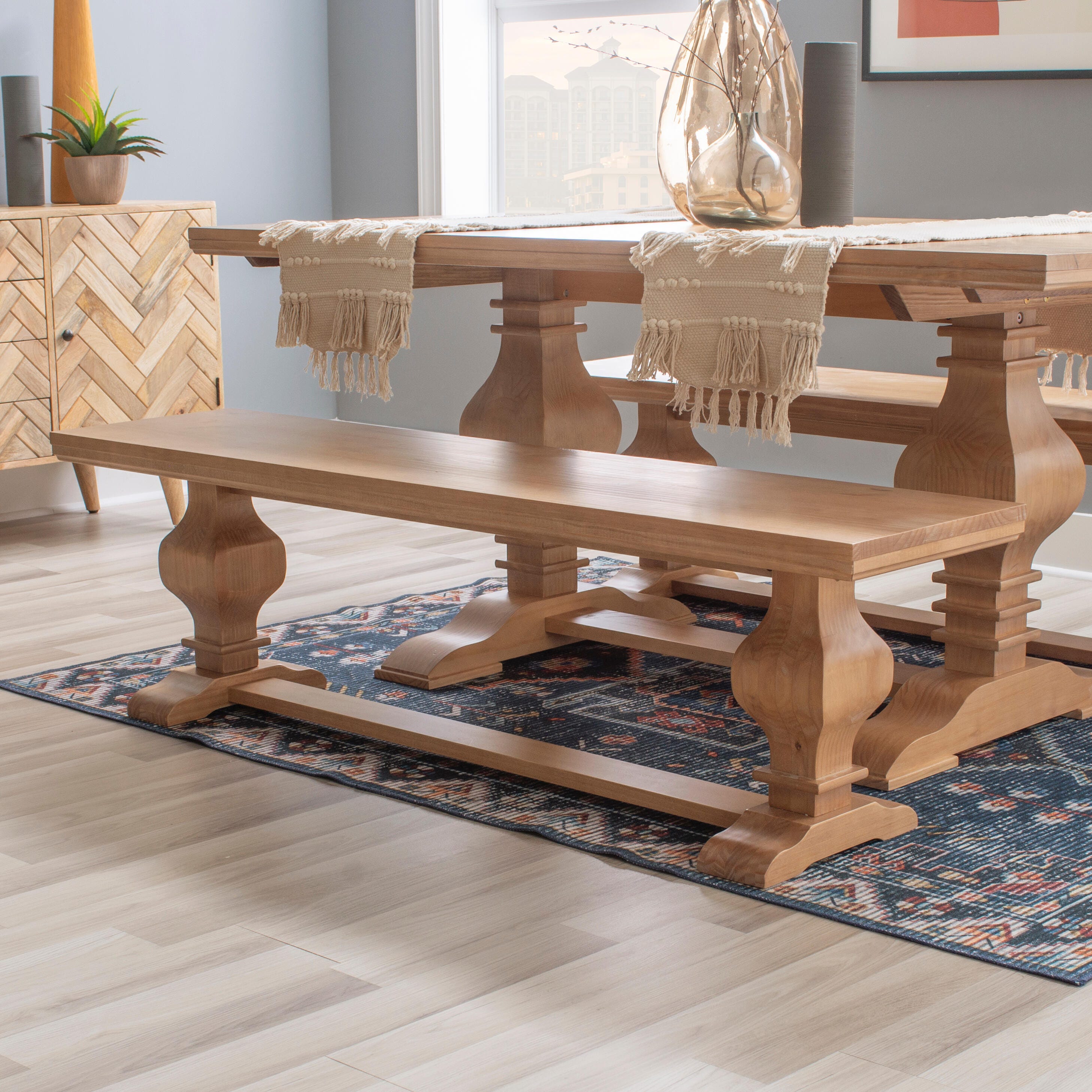 Linon Langston Dining Table and 2 Benches, Natural, rollover