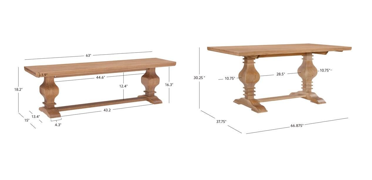 Linon Langston Dining Table and 2 Benches, Natural, large