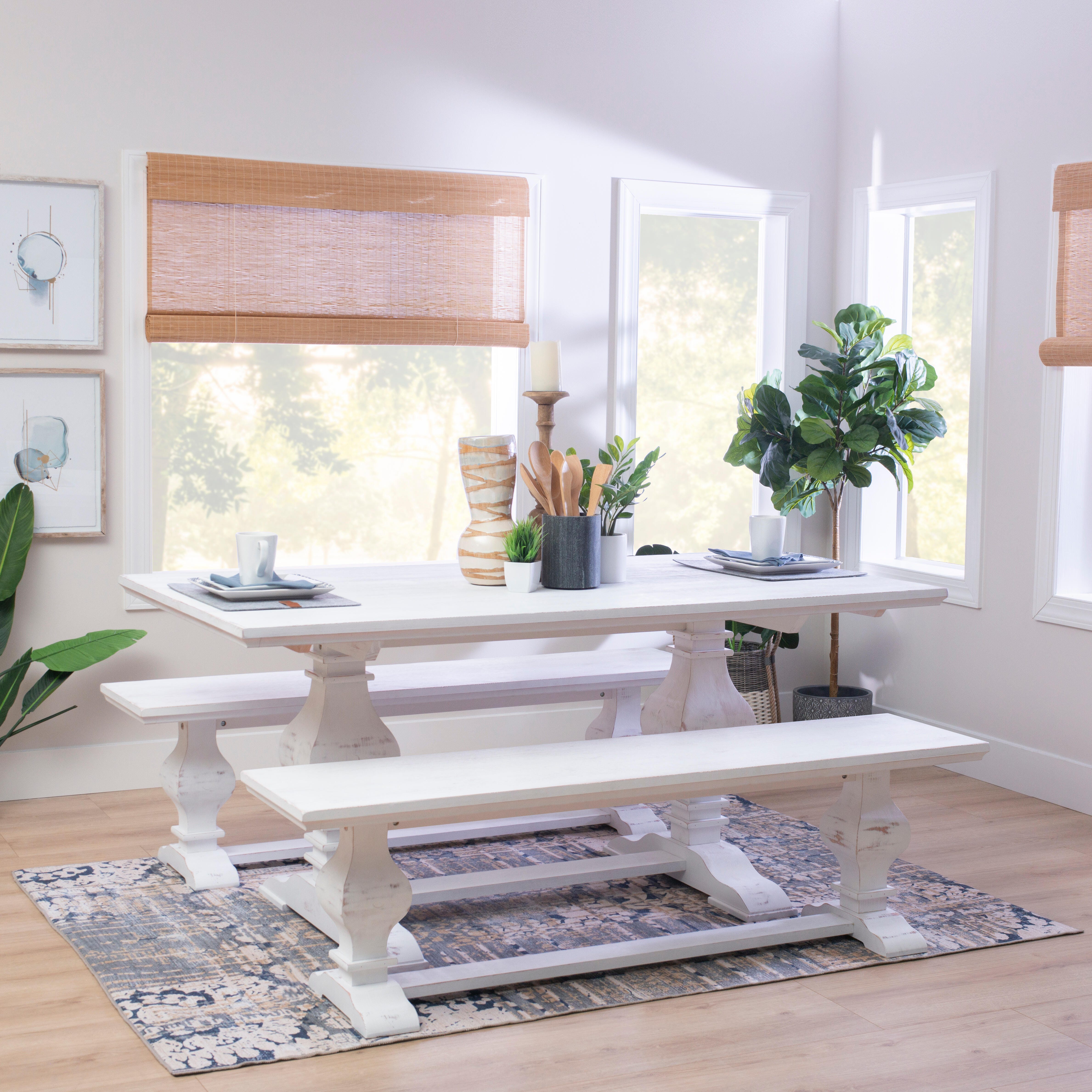 Linon Langston Dining Table and 2 Benches, White, rollover