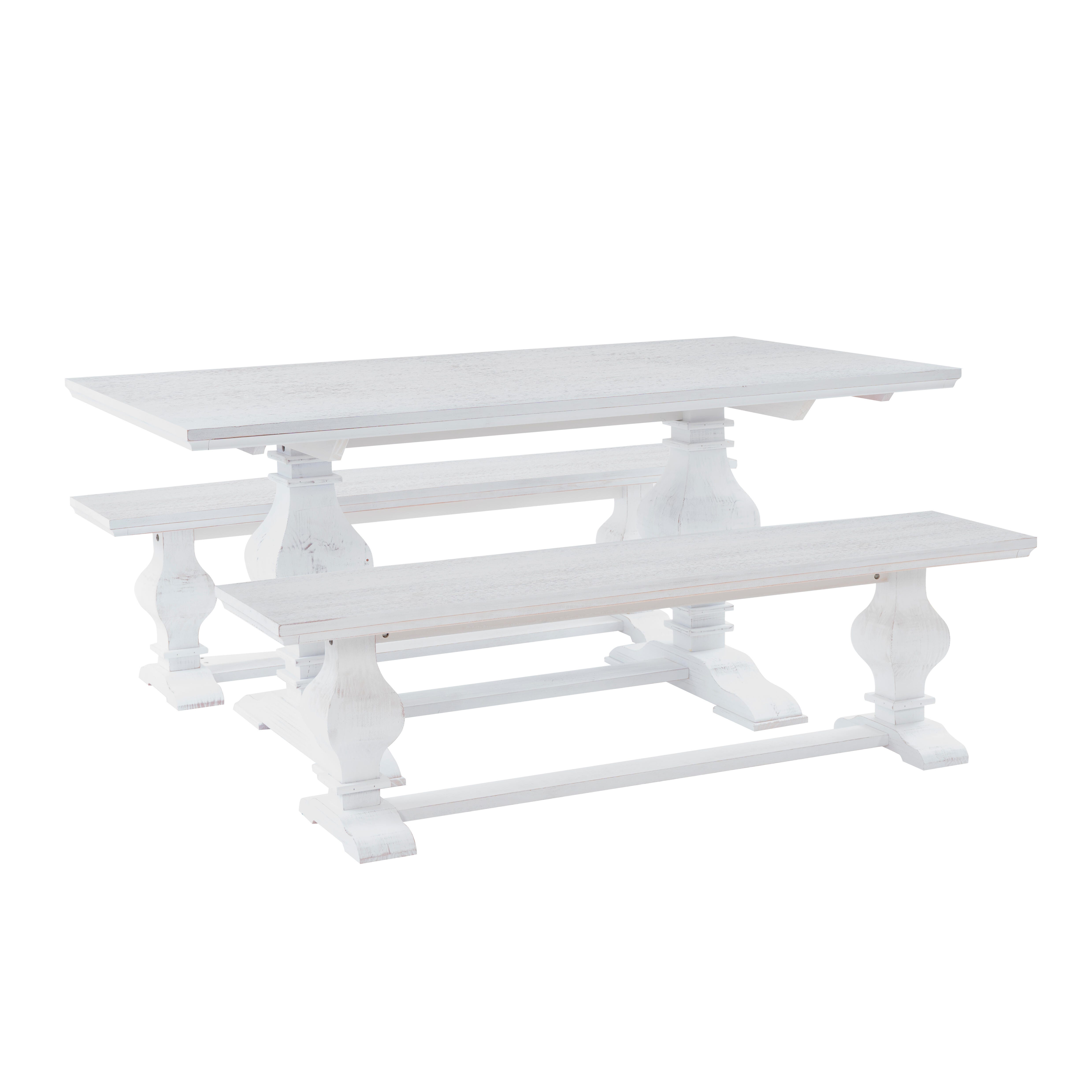 Linon Langston Dining Table and 2 Benches, White, large