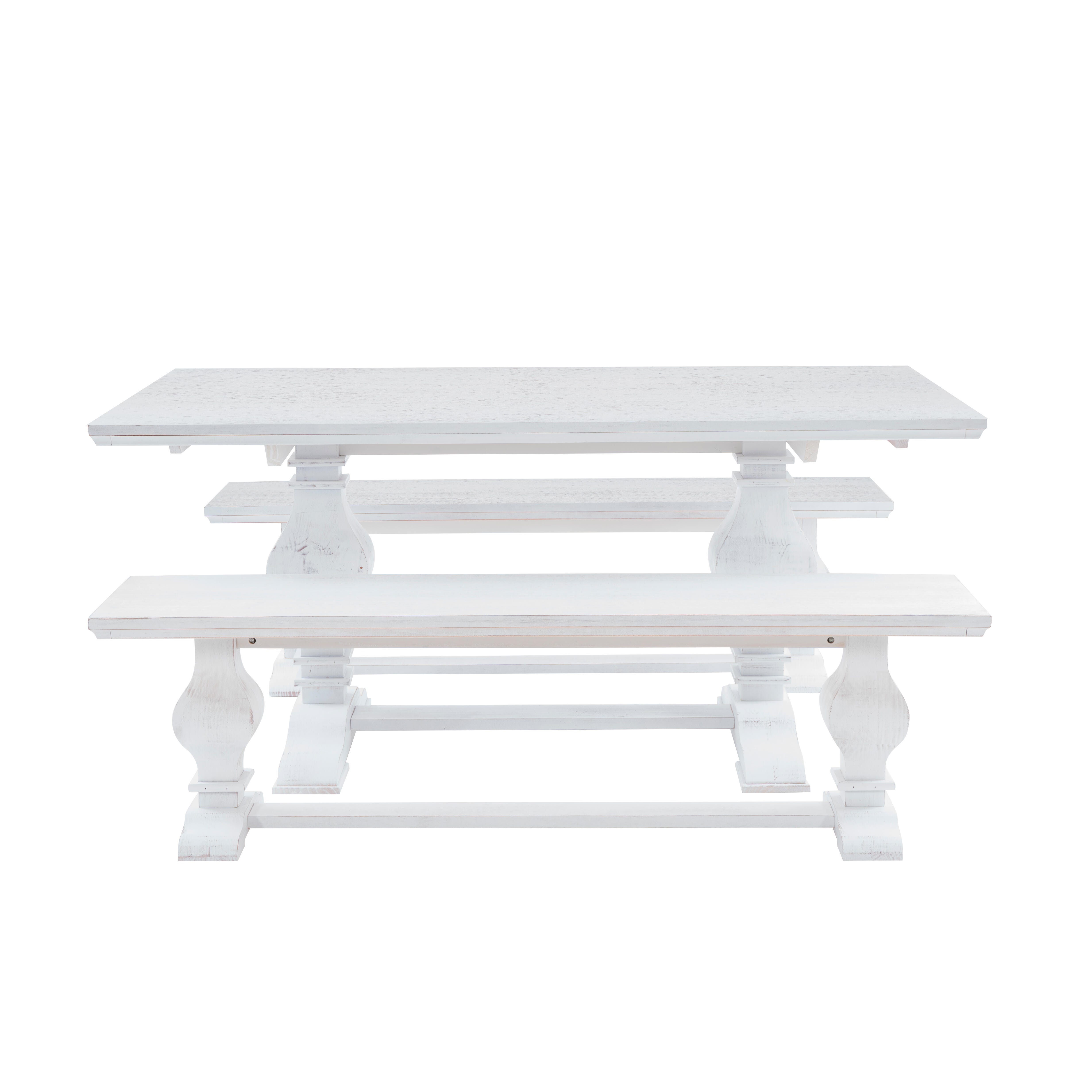 Linon Langston Dining Table and 2 Benches, White, large