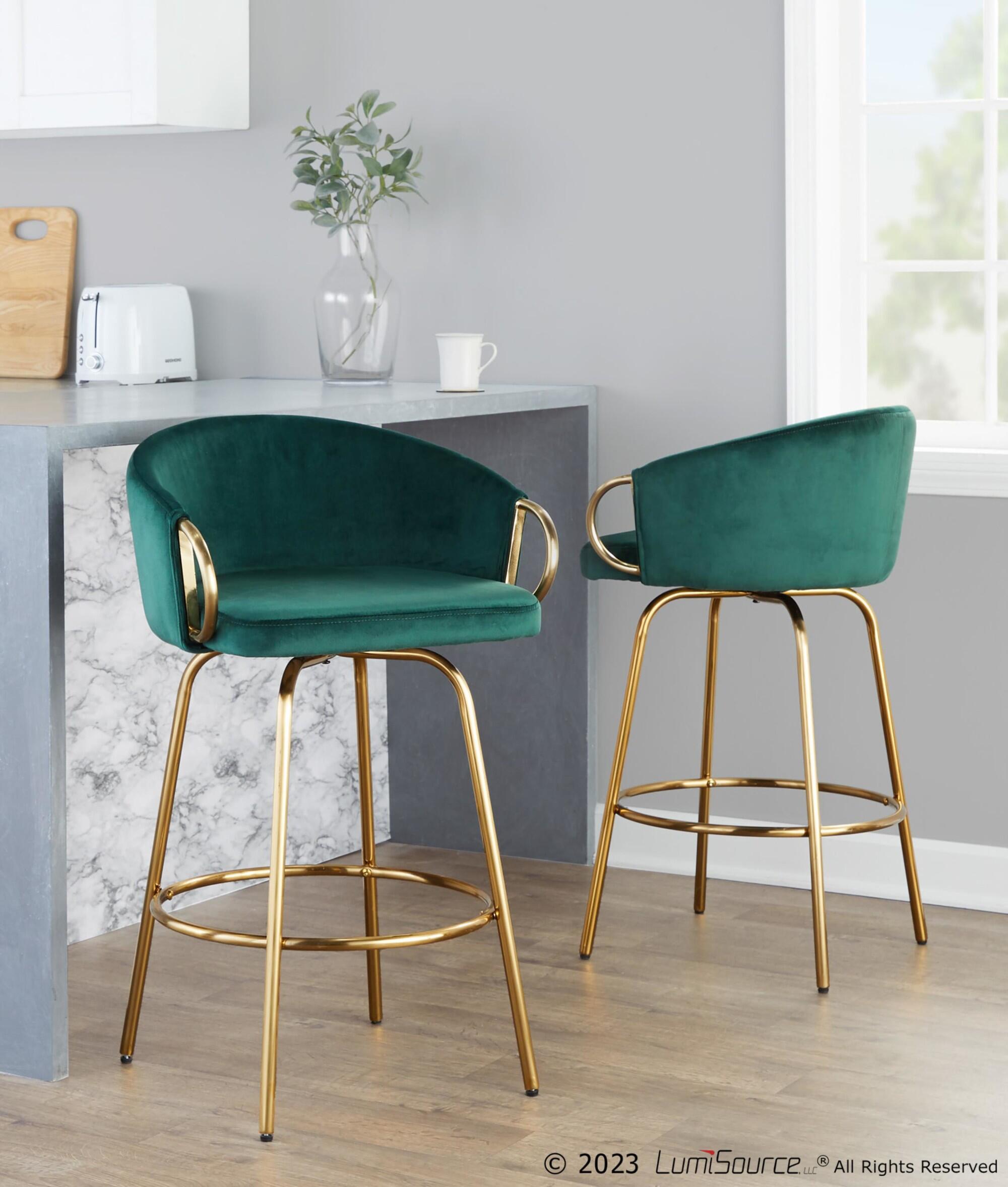 LumiSource Claire Counter Height Bar Stool (Set of 2), Gold/Green, rollover