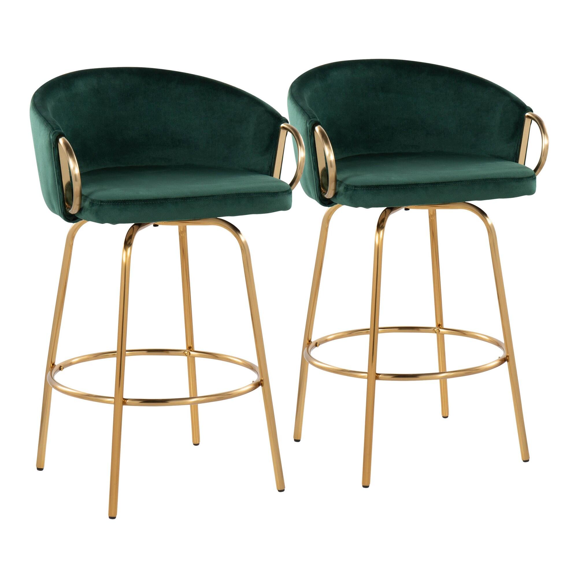 LumiSource Claire Counter Height Bar Stool (Set of 2), Gold/Green, large