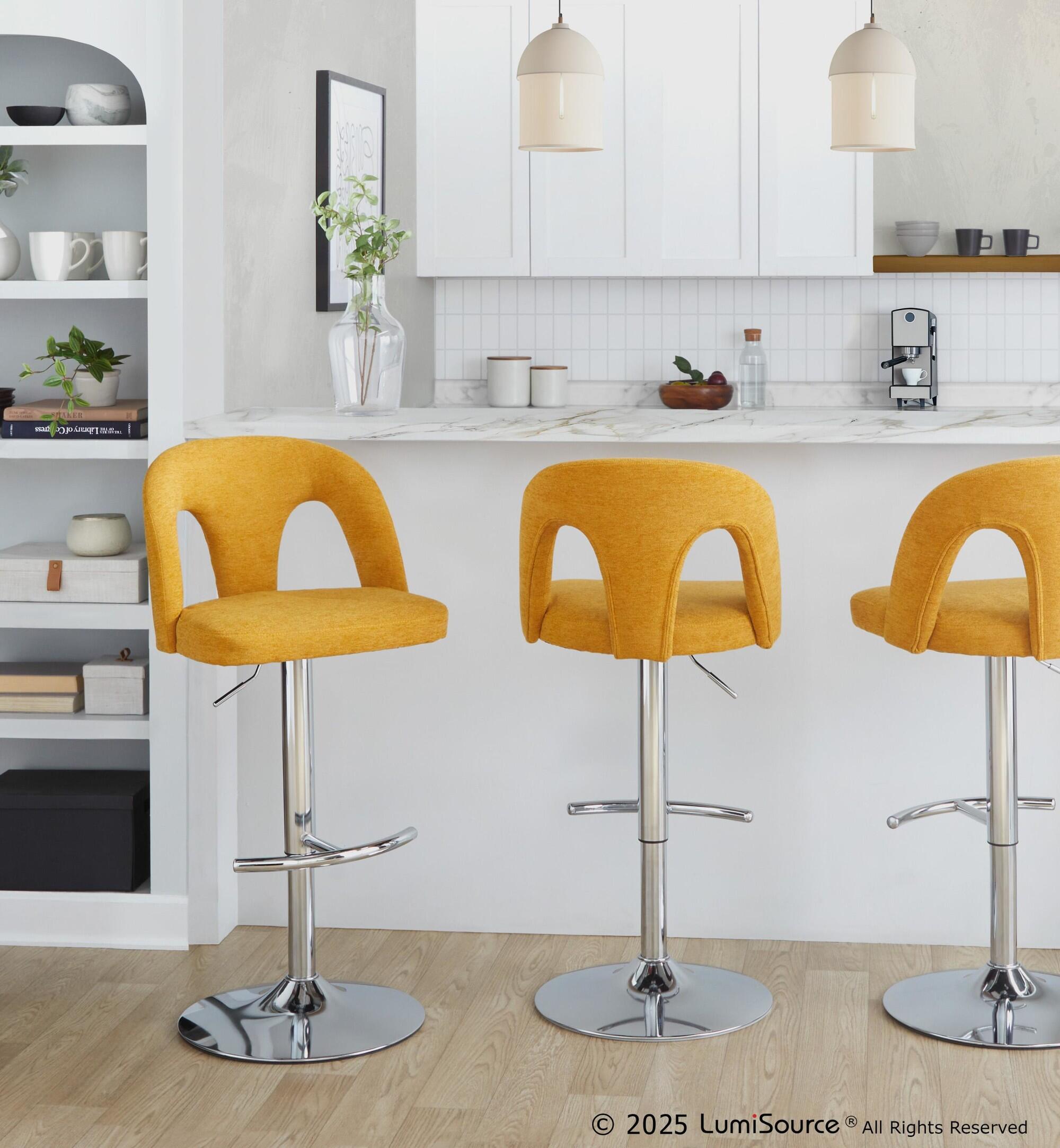 LumiSource Ava Solid Adjustable Height Barstool (Set of 2), Chrome/Yellow, rollover