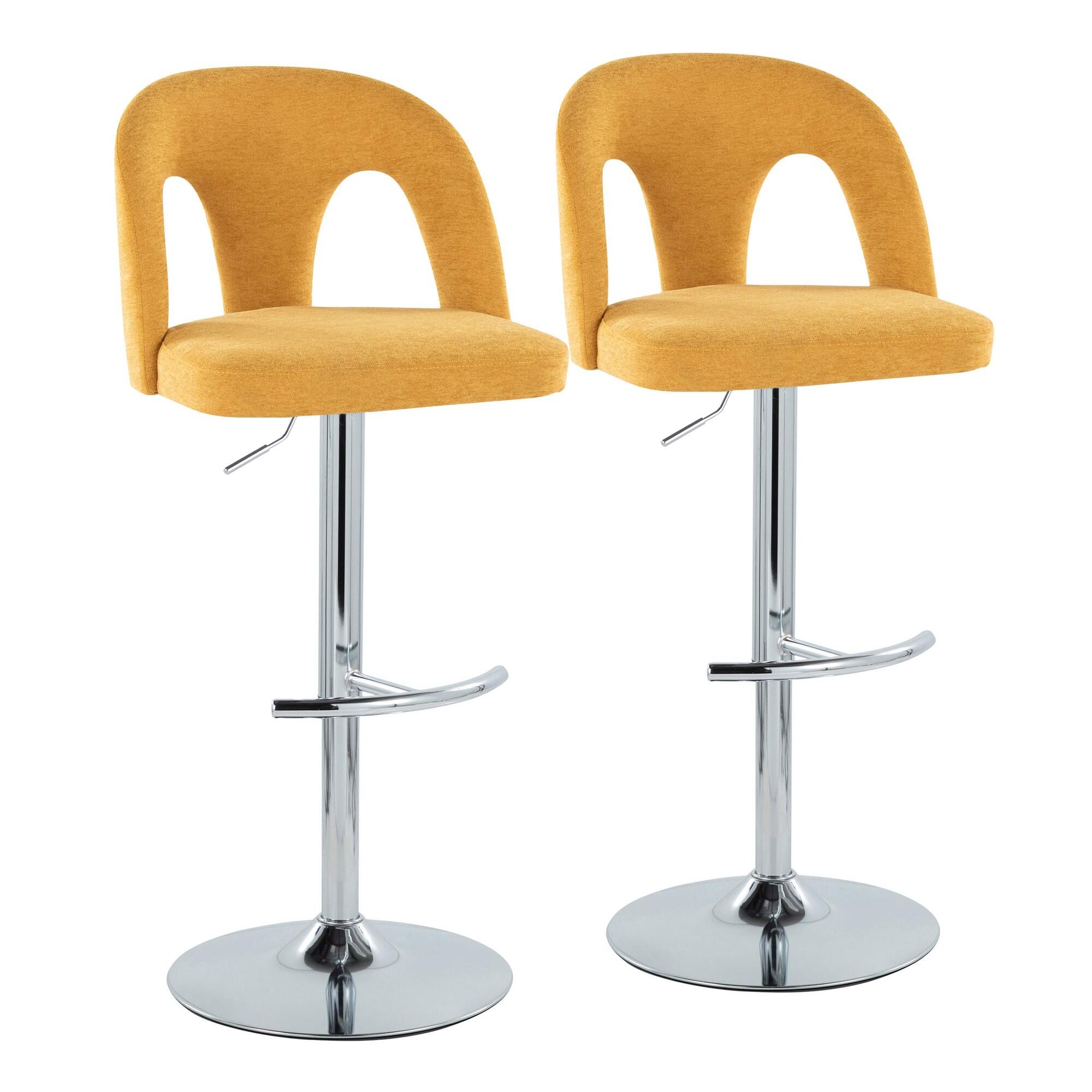 LumiSource Ava Solid Adjustable Height Barstool (Set of 2), Chrome/Yellow, large