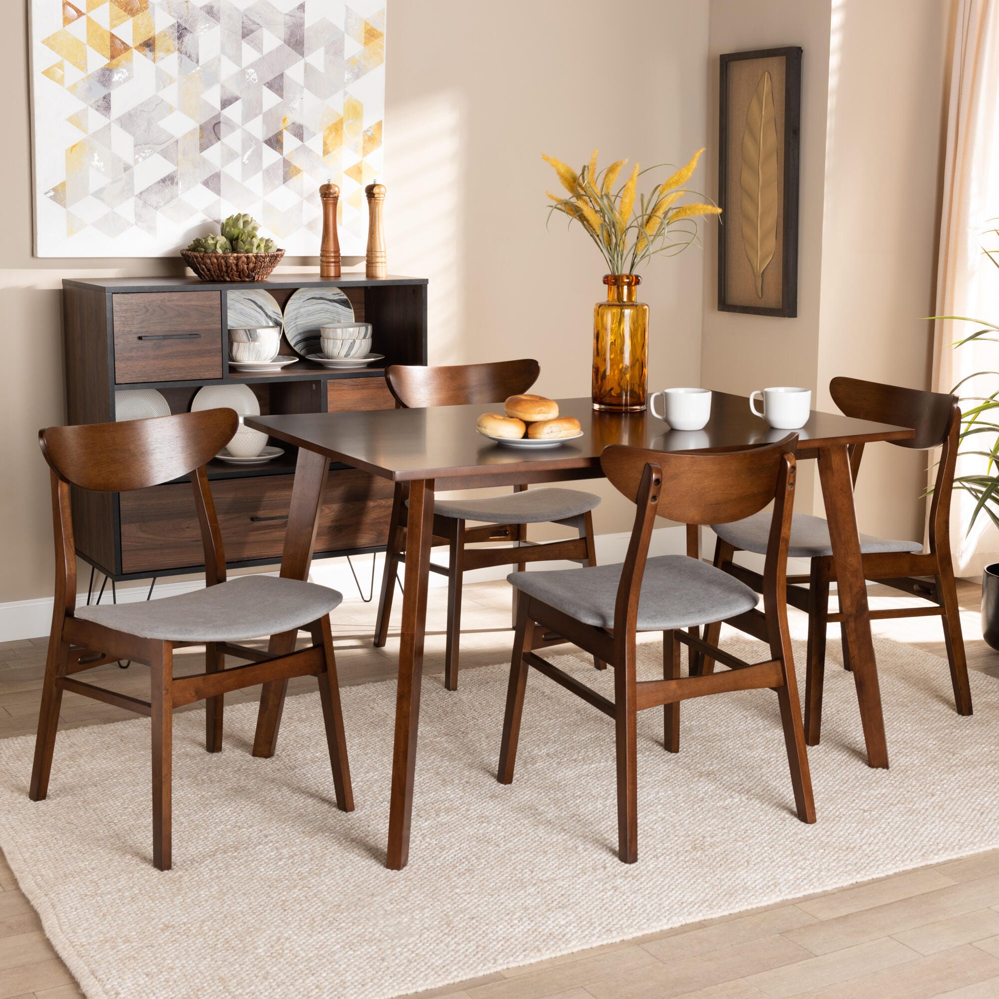 Orion Transitional Light Gray Fabric Upholstered and Walnut Brown Finished Wood 5-Piece Dining Set, Gray, rollover