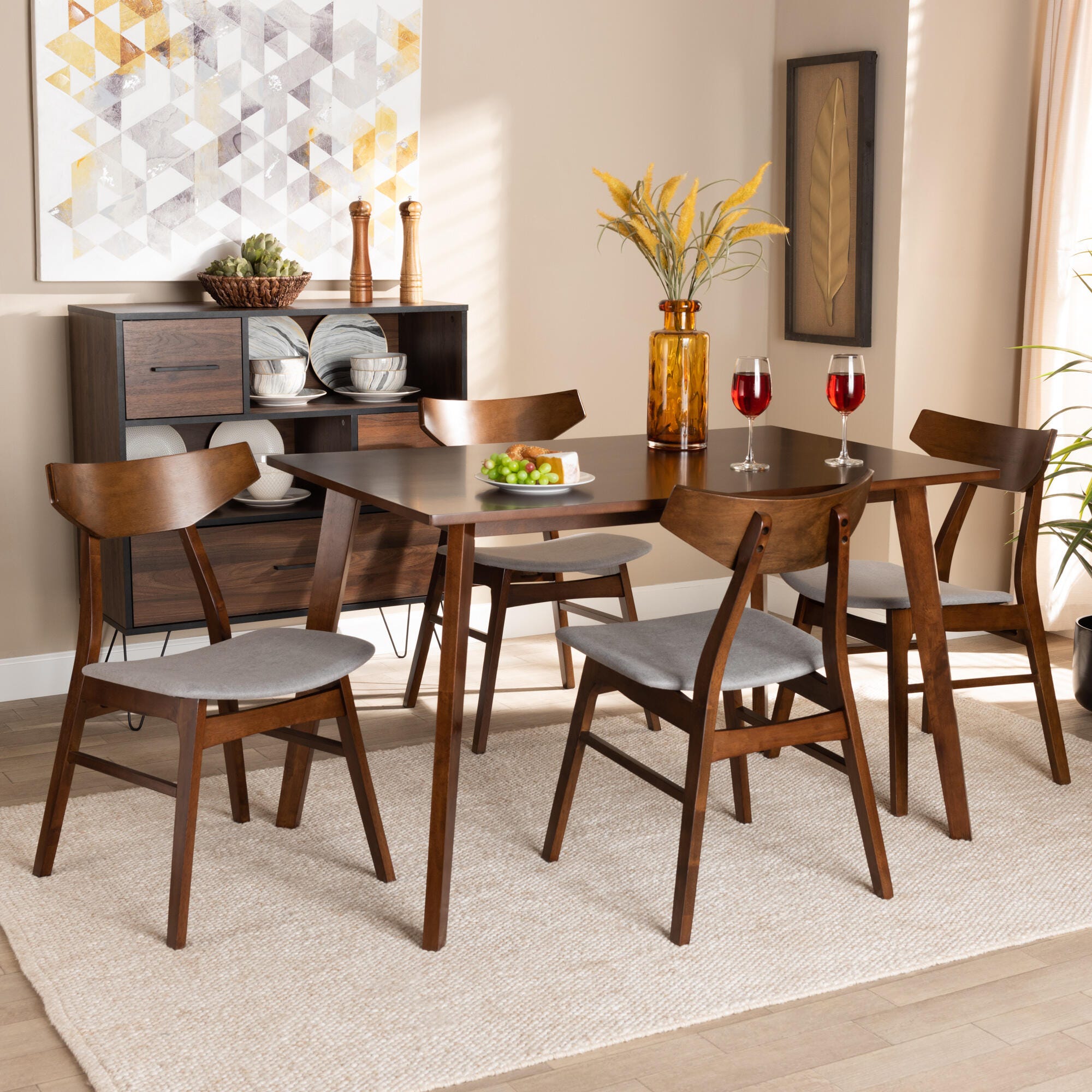 Lois Transitional Light Gray Fabric Upholstered and Walnut Brown Finished Wood 5-Piece Dining Set, Gray, rollover