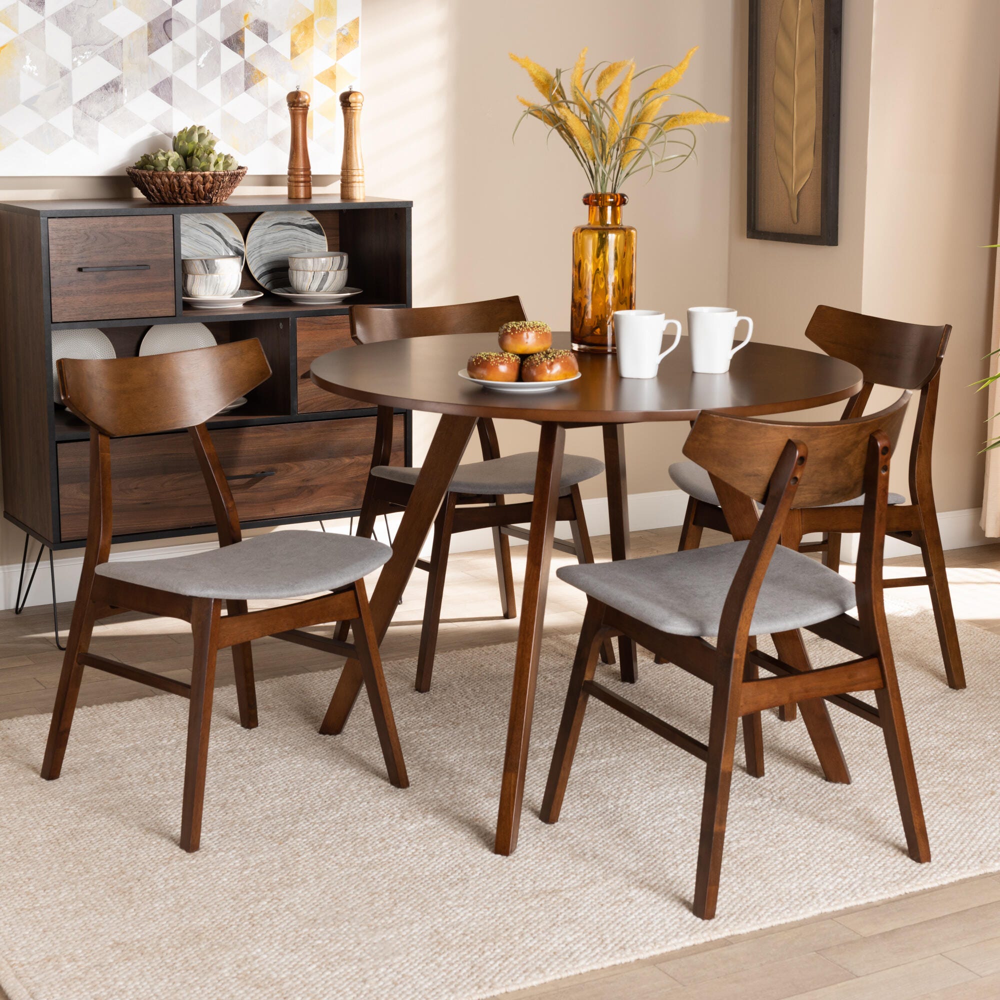 Timothy Transitional Light Gray Fabric Upholstered and Walnut Brown Finished Wood 5-Piece Dining Set, Gray, rollover
