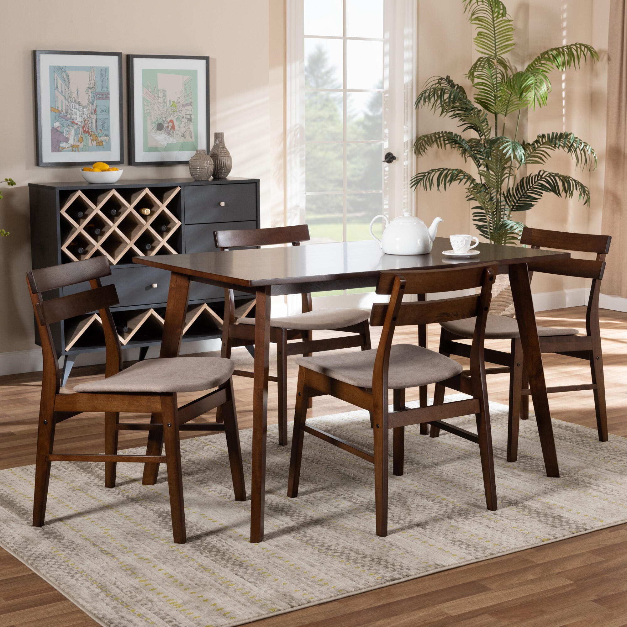 Eleri Transitional Light Beige Fabric Upholstered and Walnut Brown Finished Wood 5-Piece Dining Set, Beige, rollover