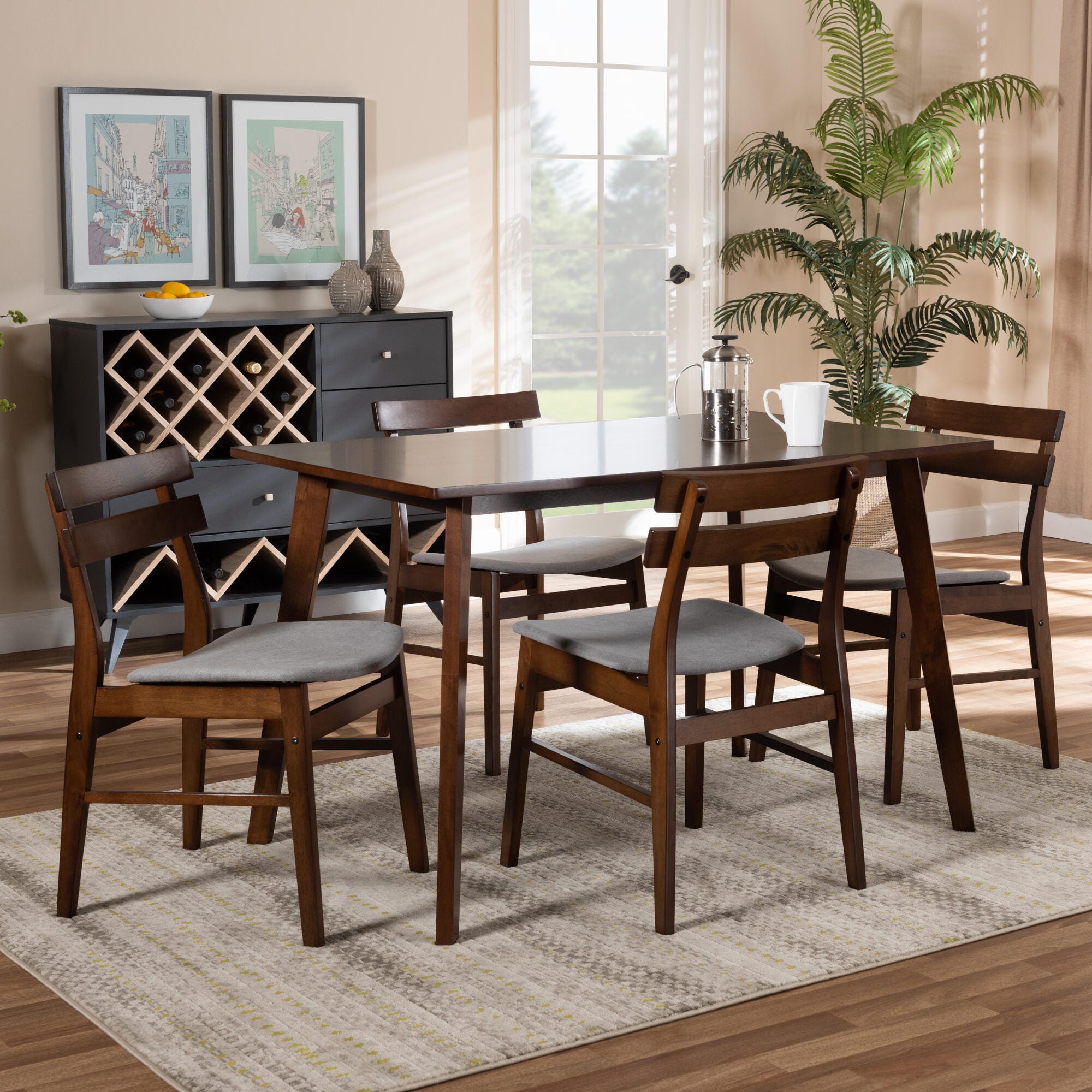 Eleri Transitional Light Gray Fabric Upholstered and Walnut Brown Finished Wood 5-Piece Dining Set, Gray, rollover