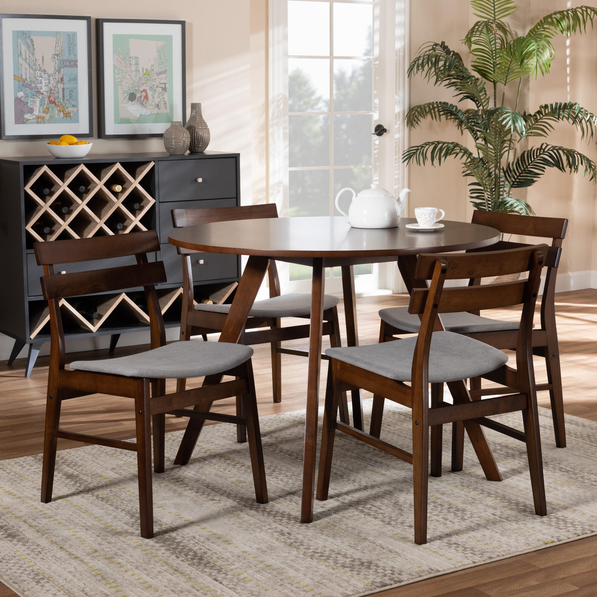 Eiko Transitional Light Gray Fabric Upholstered and Walnut Brown Finished Wood 5-Piece Dining Set, Gray, rollover
