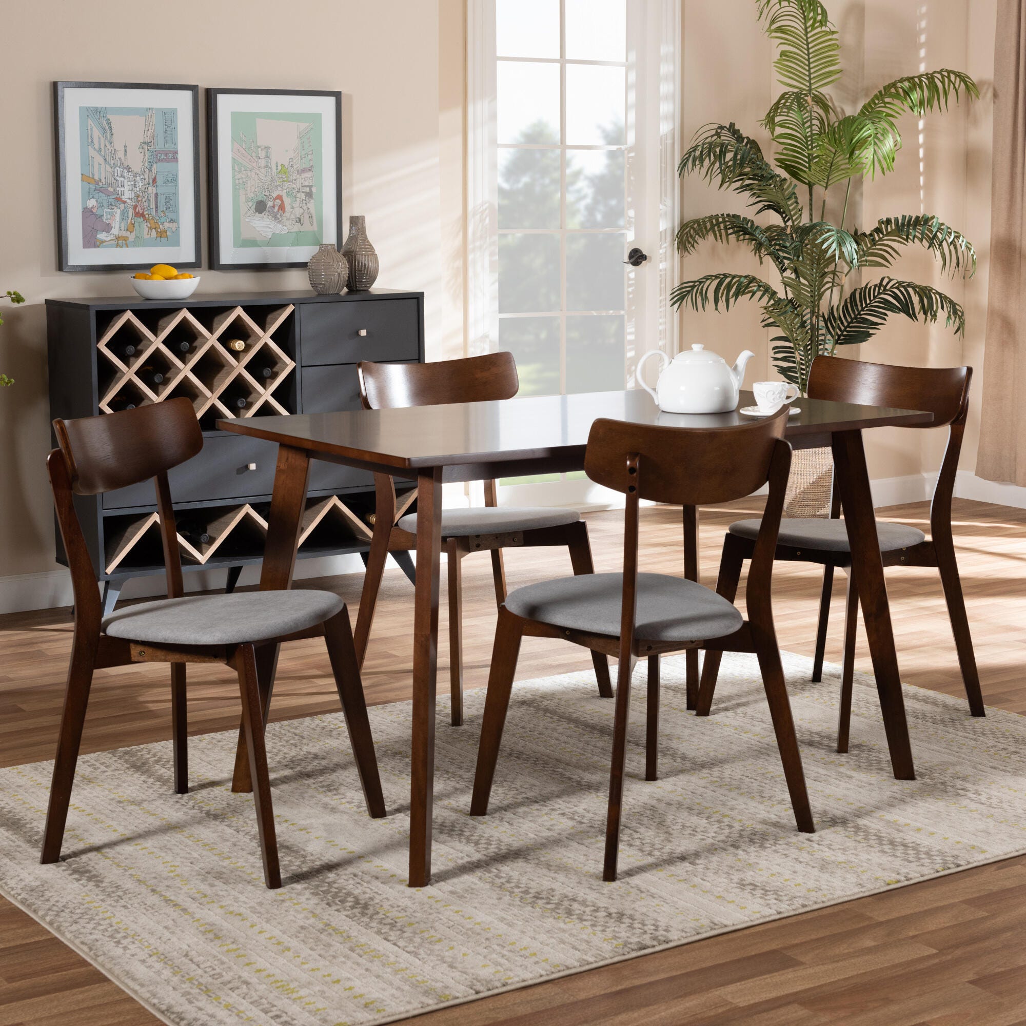 Nori Transitional Light Gray Fabric Upholstered and Walnut Brown Finished Wood 5-Piece Dining Set, Gray, rollover