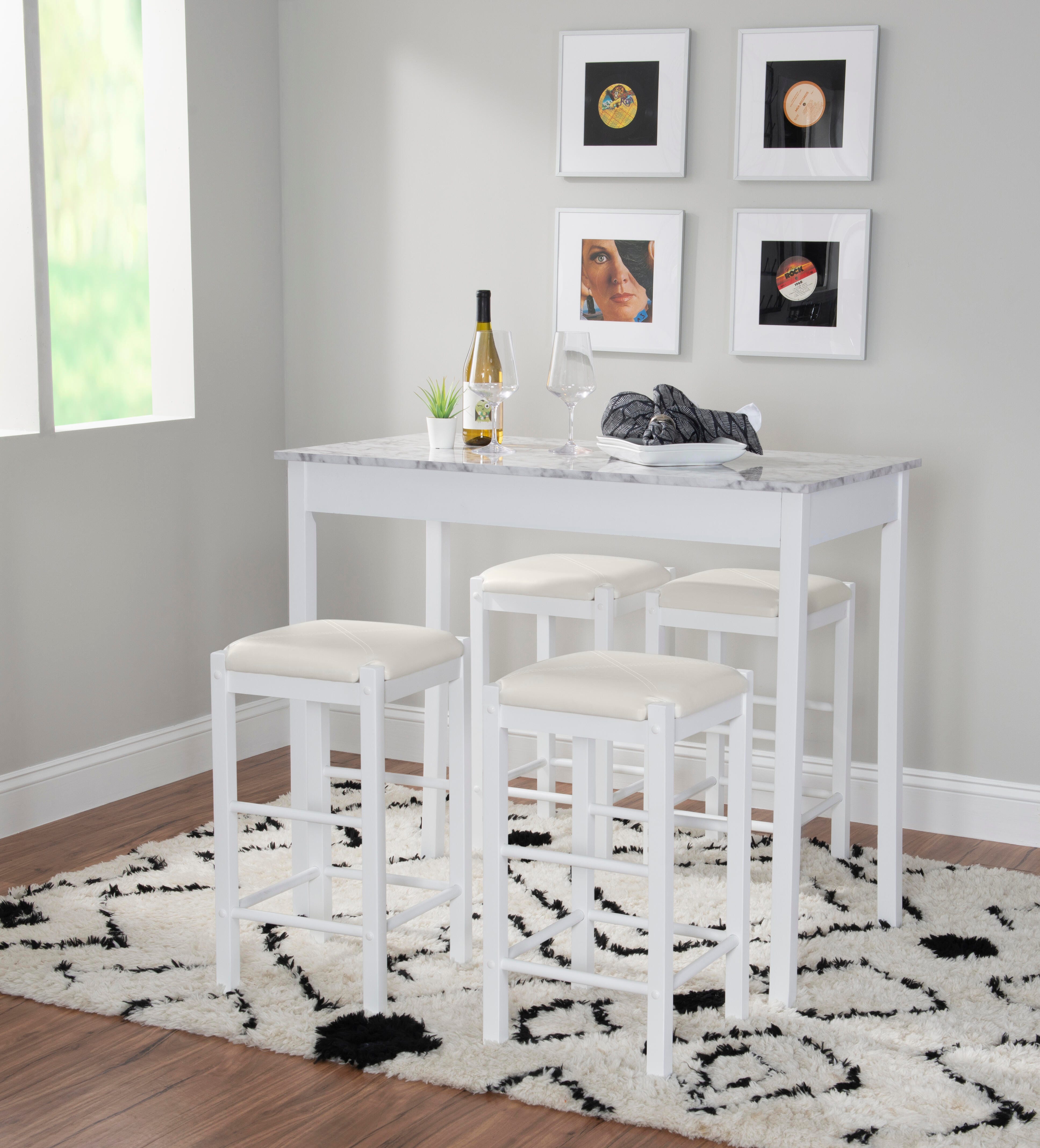 Iris 5PC Tavern Set White Faux Marble, White, large