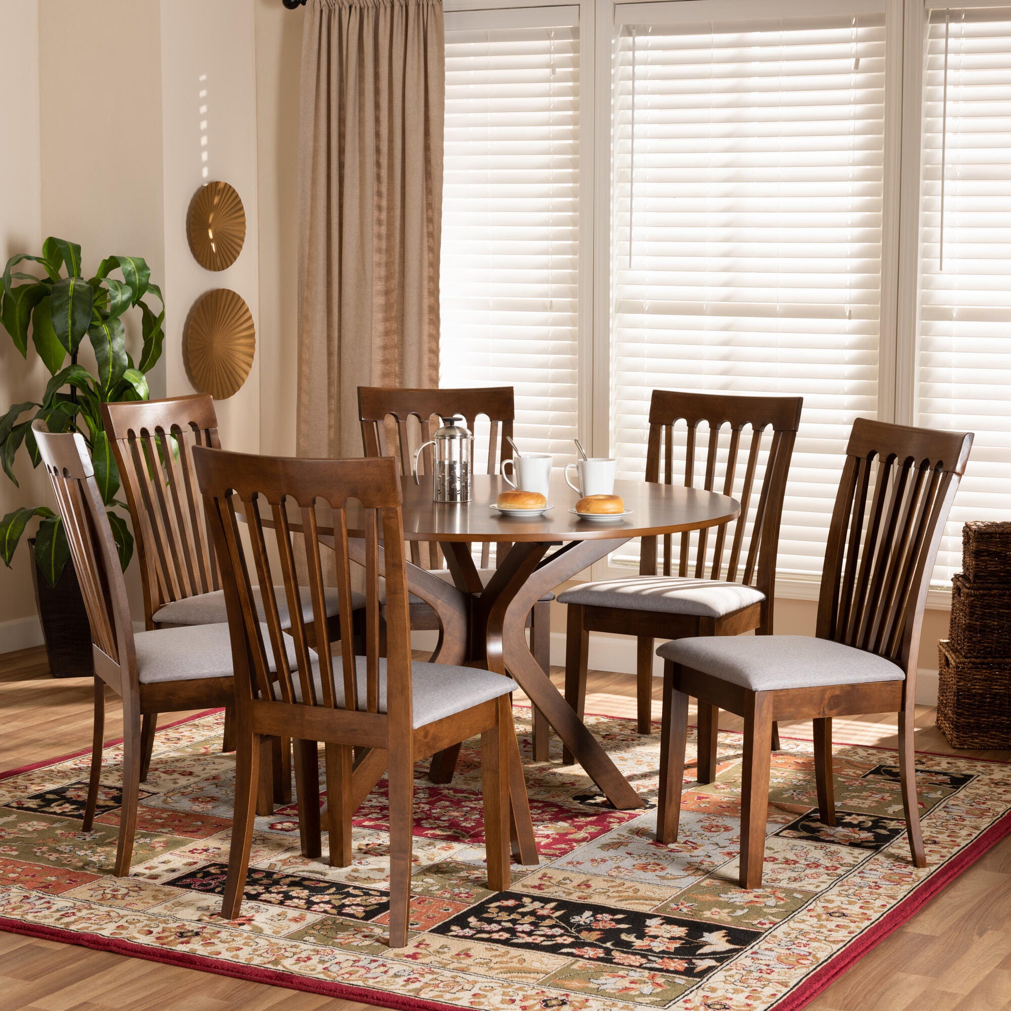 Baxton Studio Baxton Studio Lore Modern and Contemporary Gray Fabric Upholstered and Walnut Brown Finished Wood 7-Piece Dining Set, , rollover