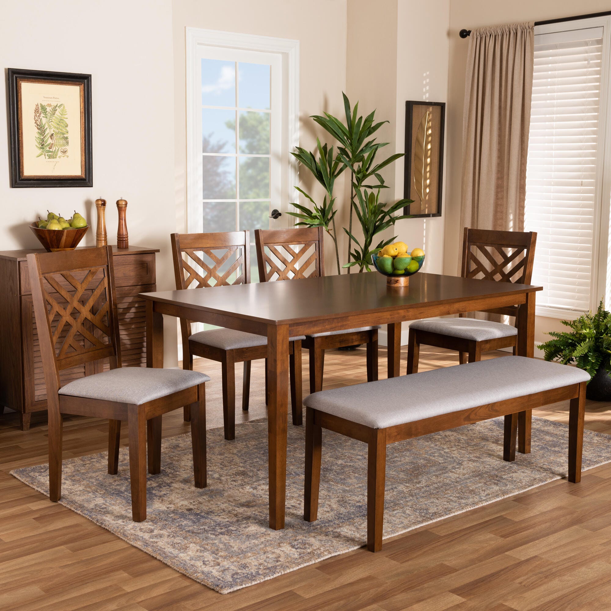 Baxton Studio Gustavo 6 Piece Dining Set, Gray/Walnut, large