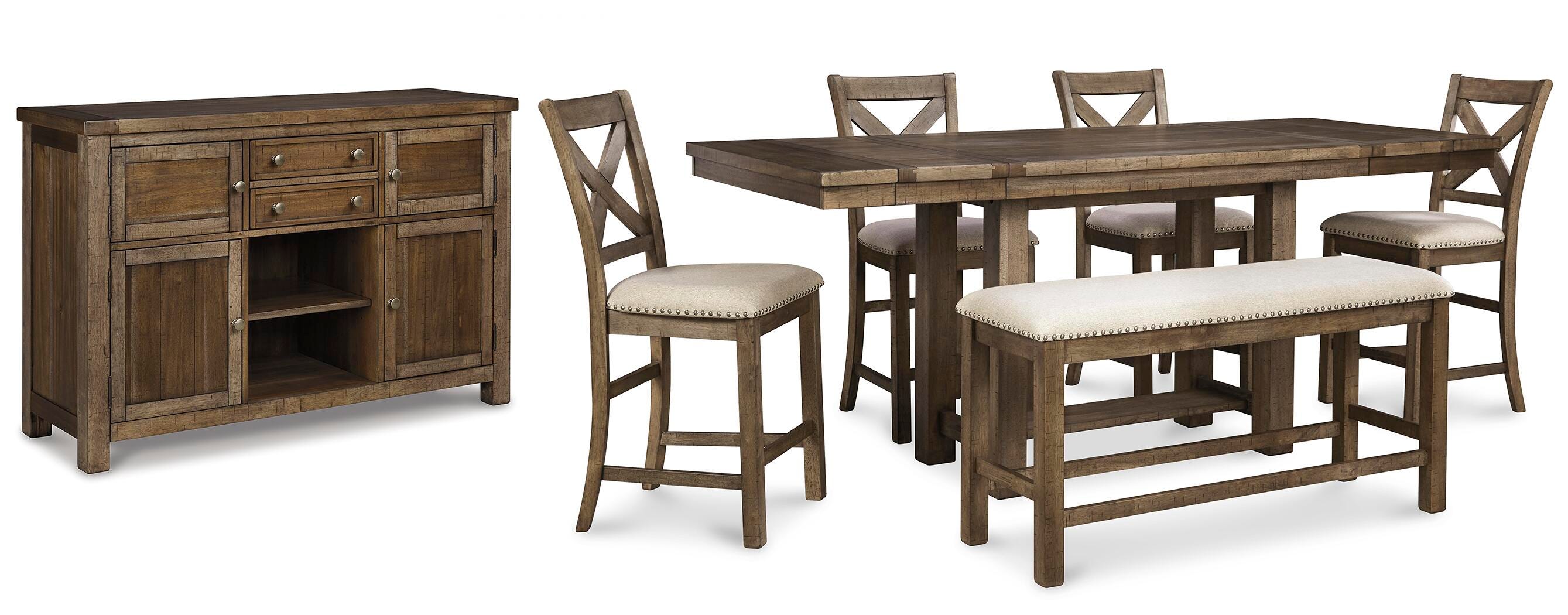 Moriville Counter Height Extendable Dining Table and 4 Bar Stools and Bench and Storage 