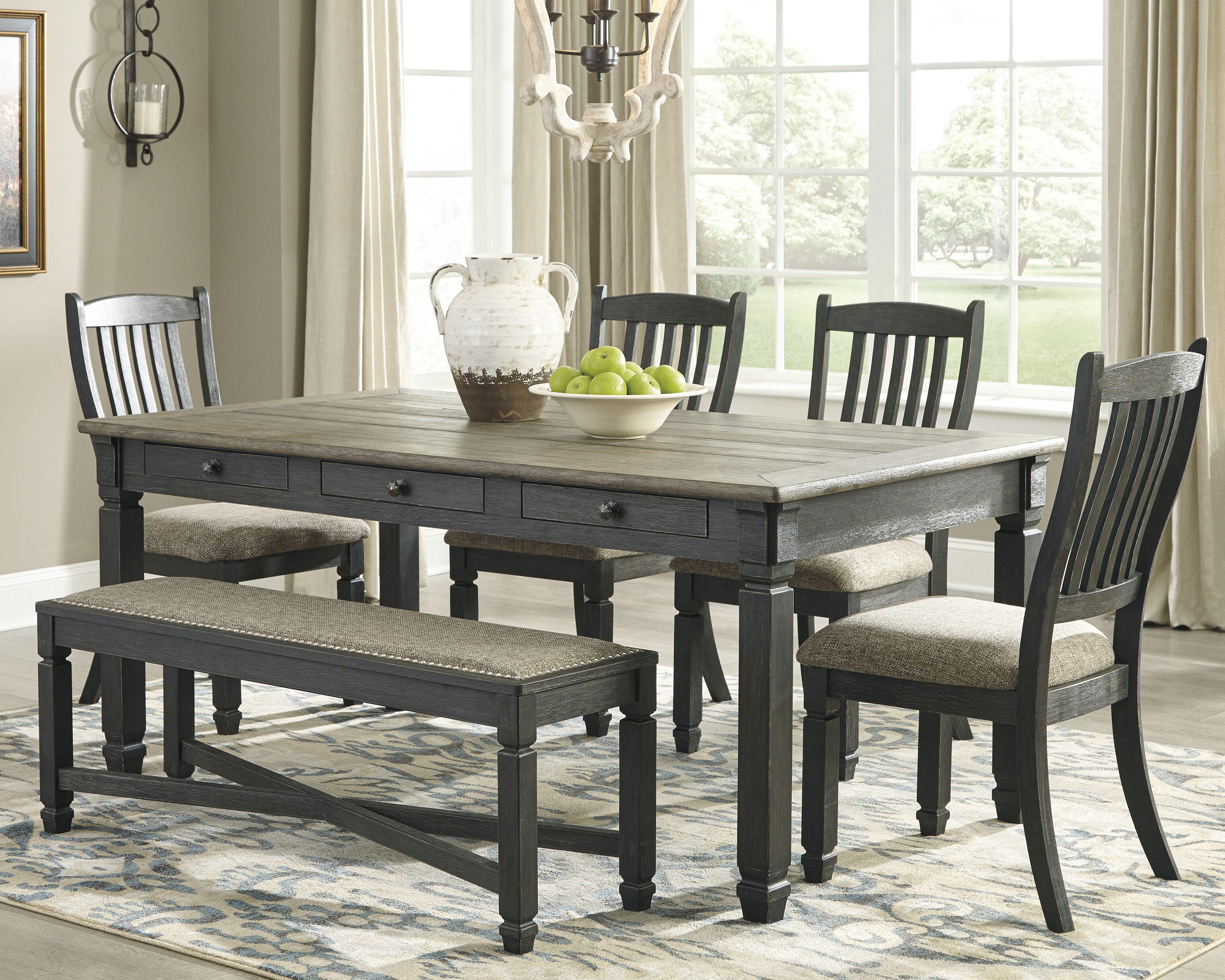 Tyler Creek Dining Table and 4 Chairs and Bench, Black/Gray, large