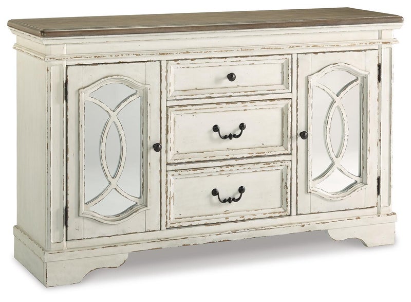 Realyn Dining Server with Inset Mirrored Glass and Fretwork, Chipped White