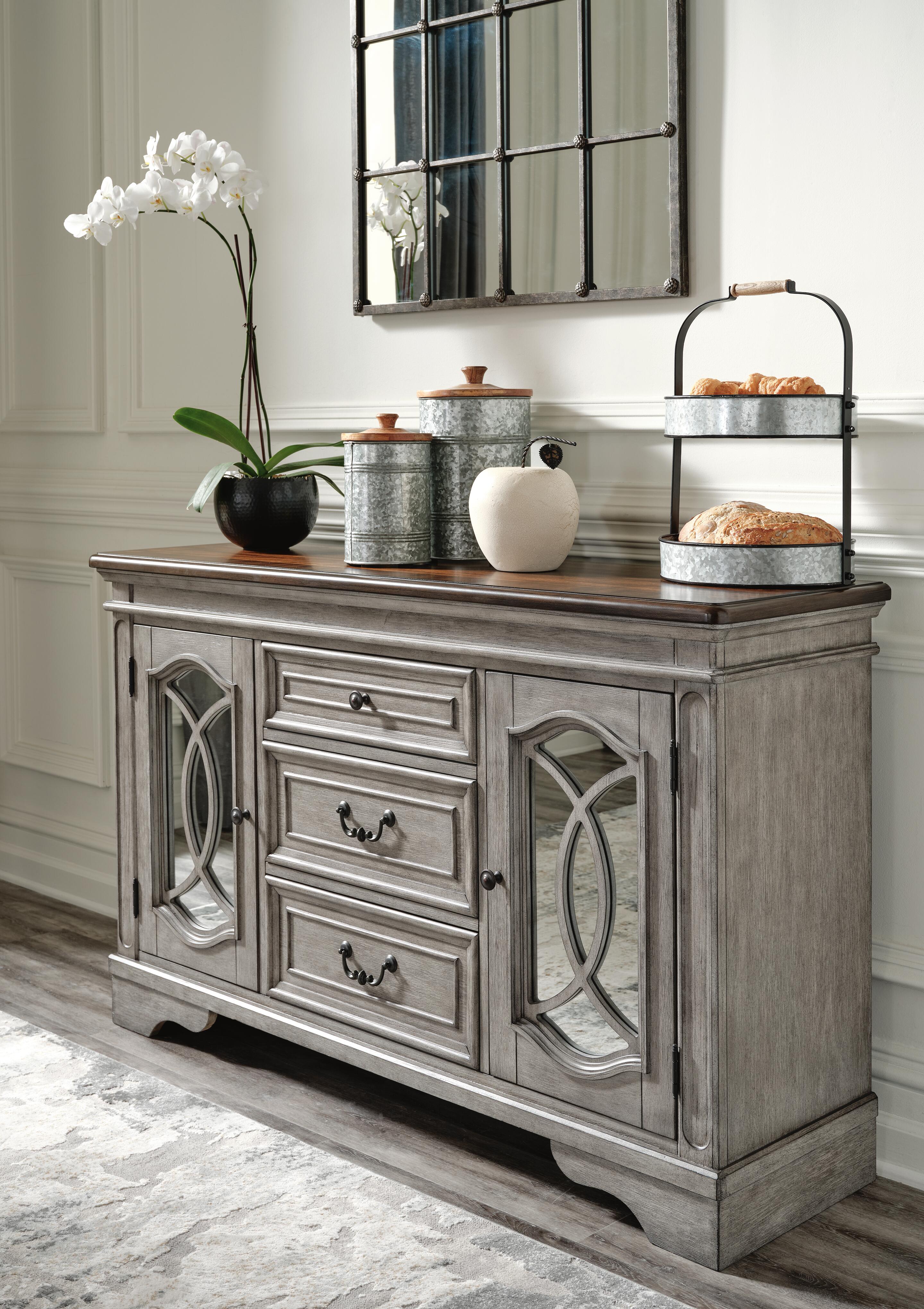 Lodenbay Dining Server with Inset Mirrored Glass and Fretwork | Ashley