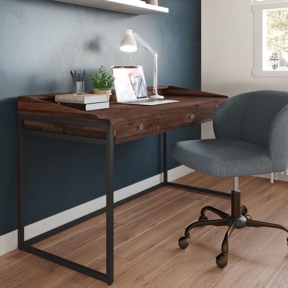 Simpli Home Ralston Solid Acacia Wood Modern Industrial 60" Writing Desk, Dark Brown, rollover