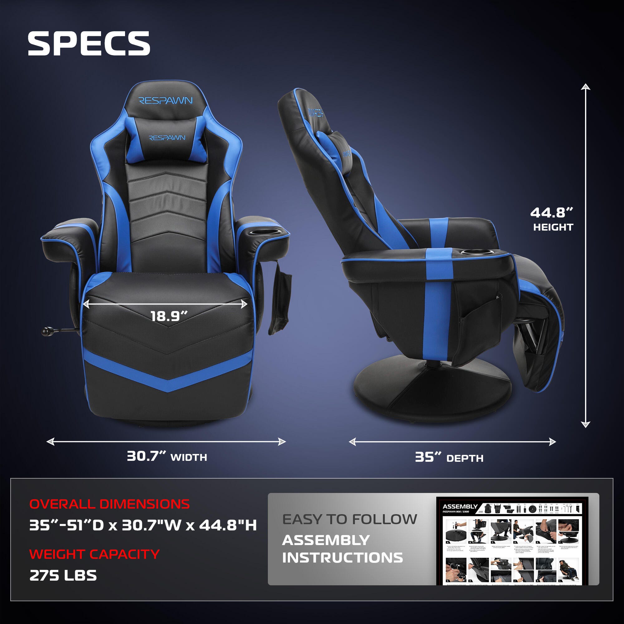 RESPAWN 900 Gaming Recliner, Blue, large